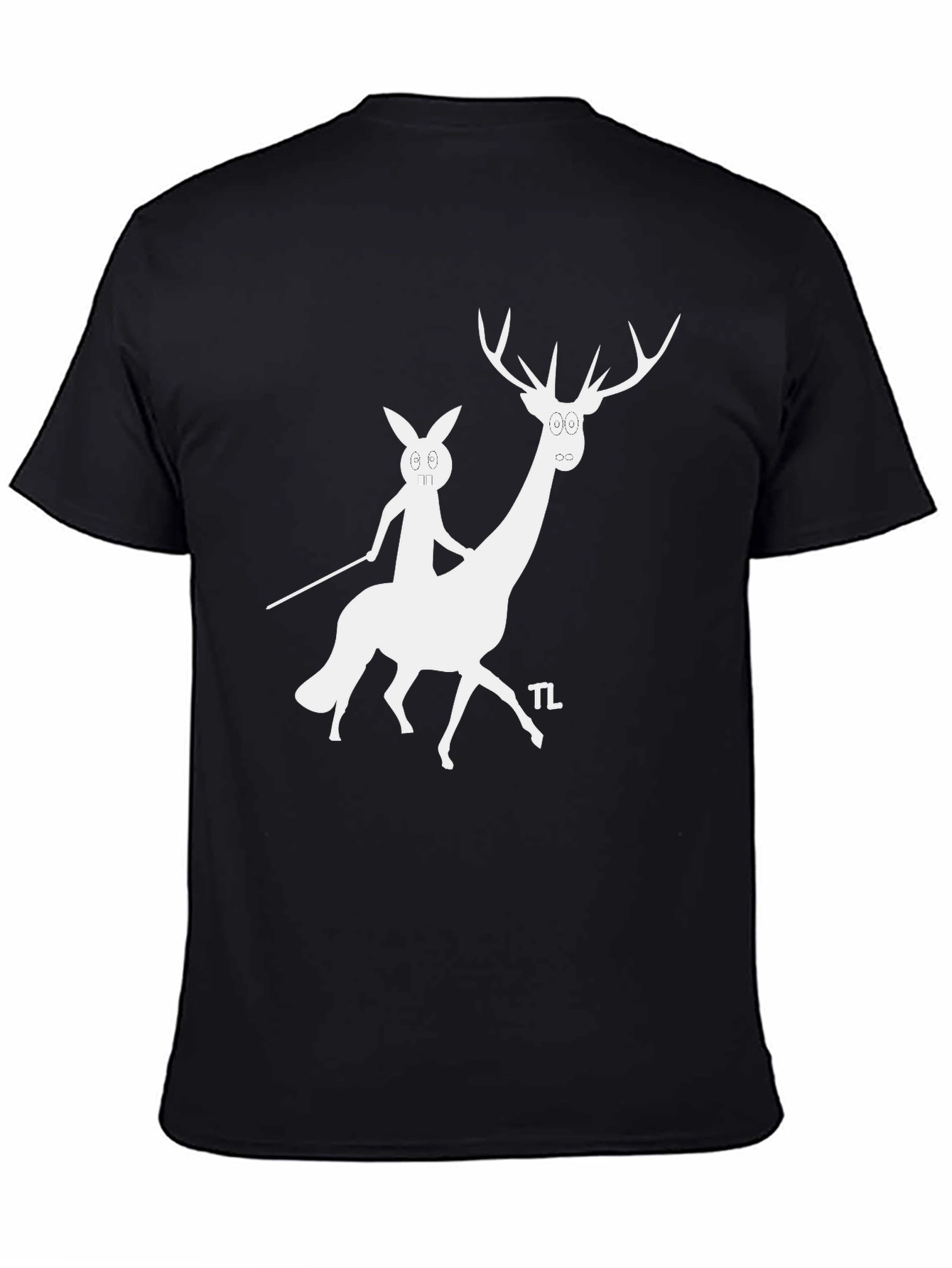 Camiseta Negra con Diseño Divertido de Ciervo y Conejo