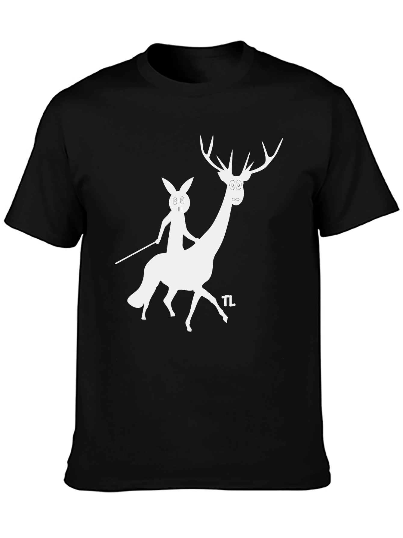 Camiseta Negra con Diseño Divertido de Ciervo y Conejo