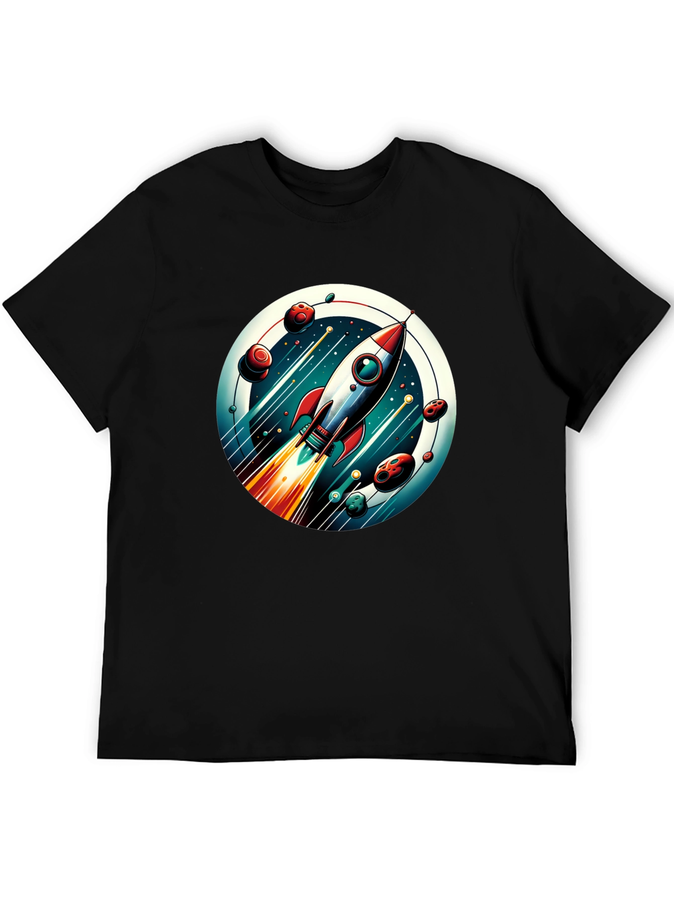 Camiseta Negra con Diseño de Cohete Espacial