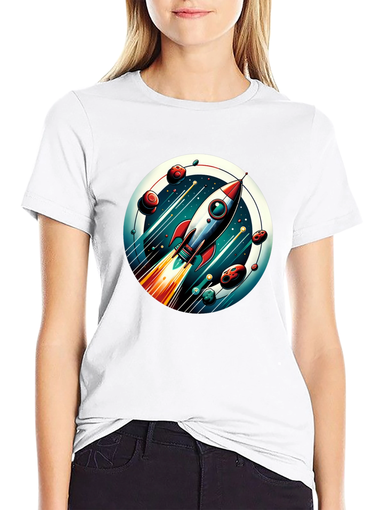 Camiseta Negra con Diseño de Cohete Espacial