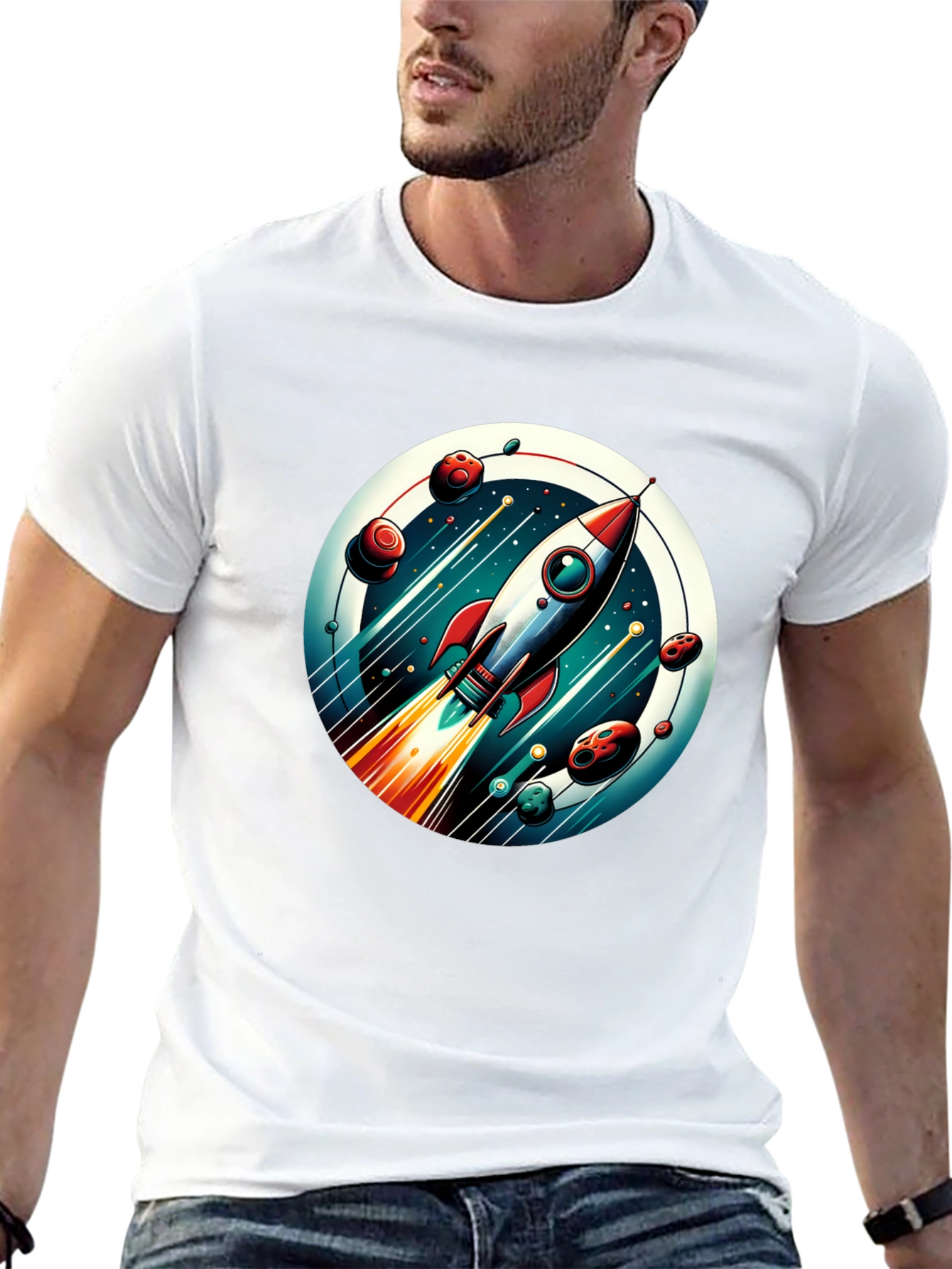 Camiseta Negra con Diseño de Cohete Espacial