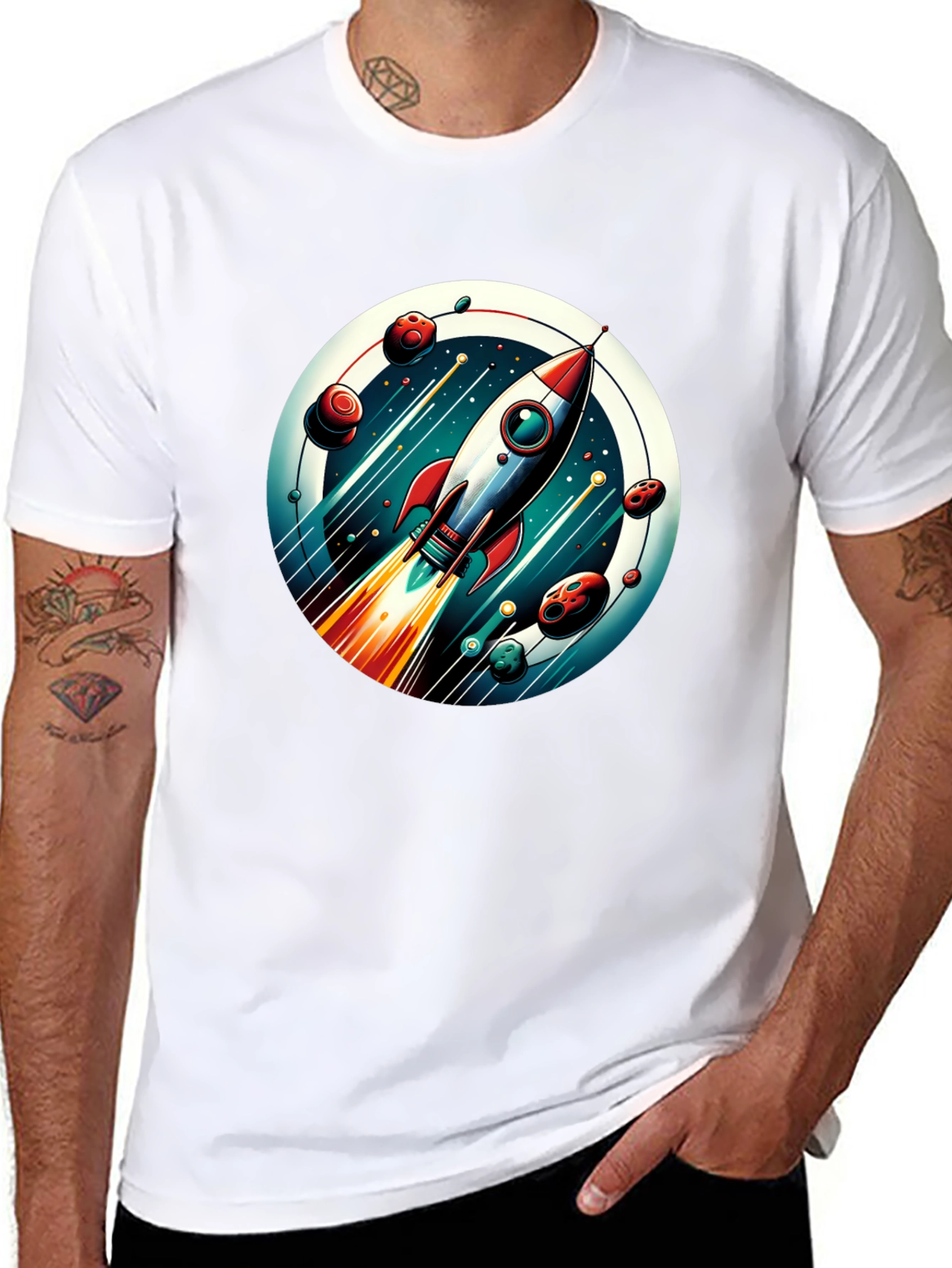 Camiseta Negra con Diseño de Cohete Espacial
