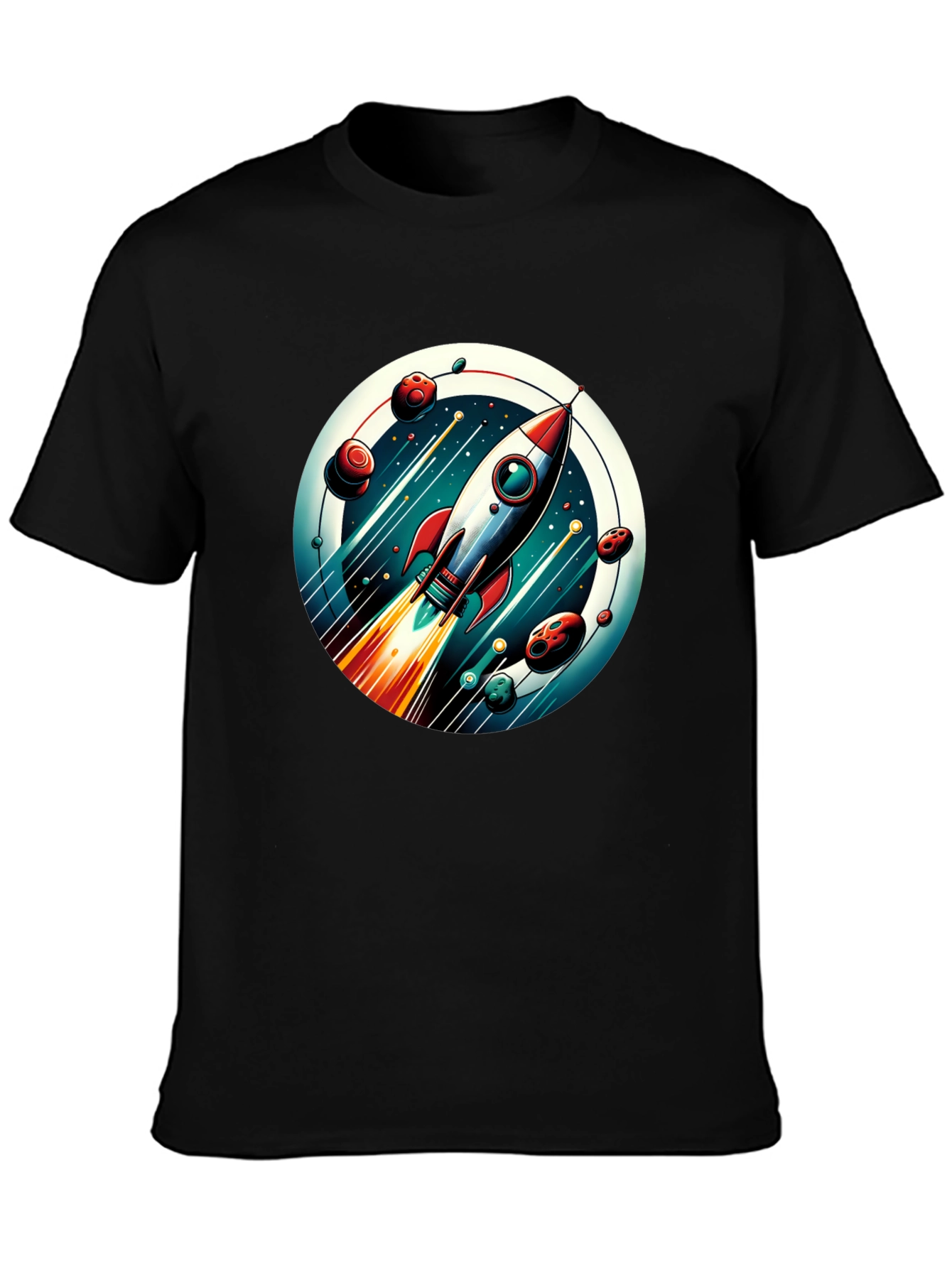 Camiseta Negra con Diseño de Cohete Espacial