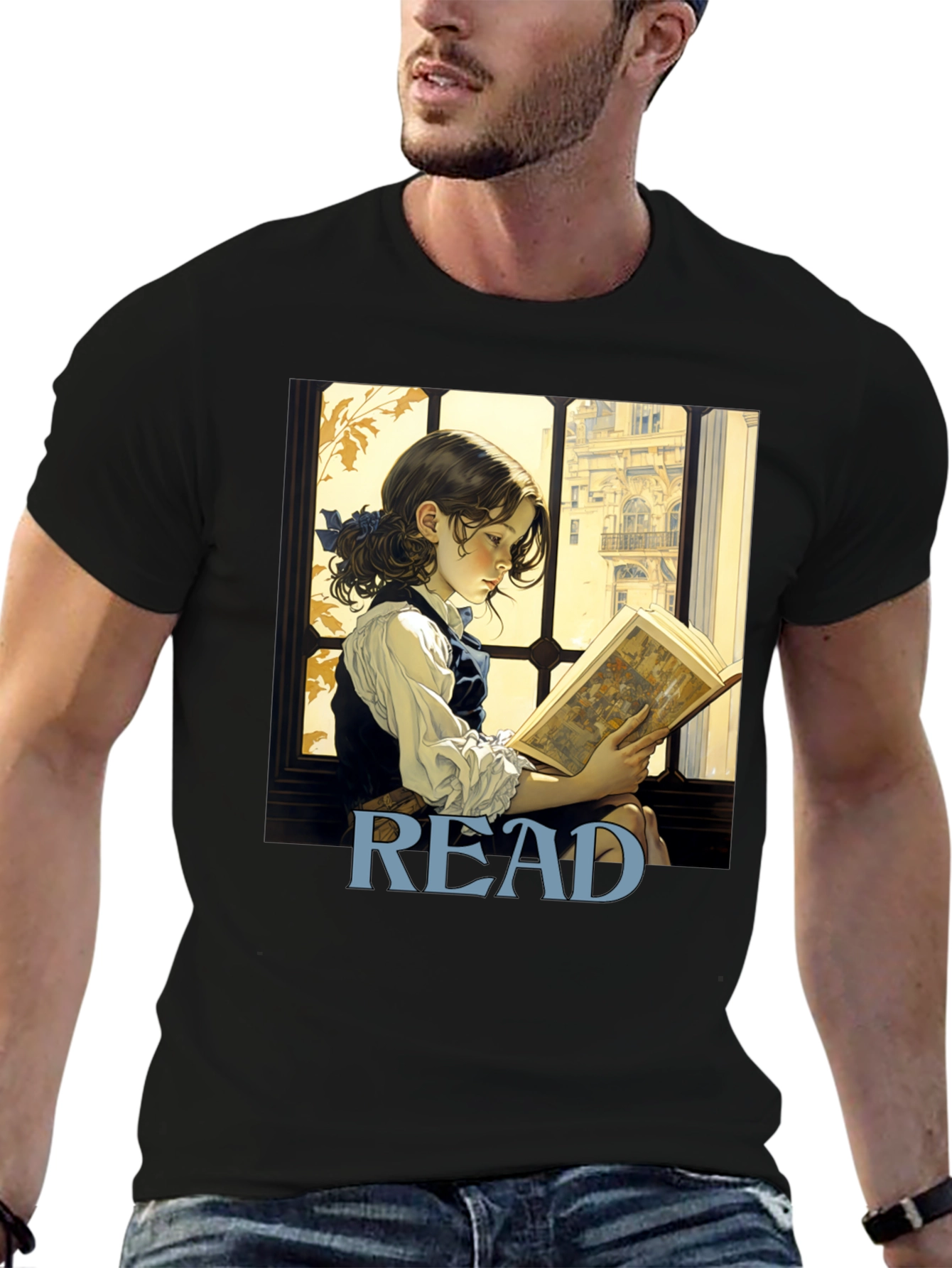 Camiseta Negra Lee con Diseño de Niña Lectora