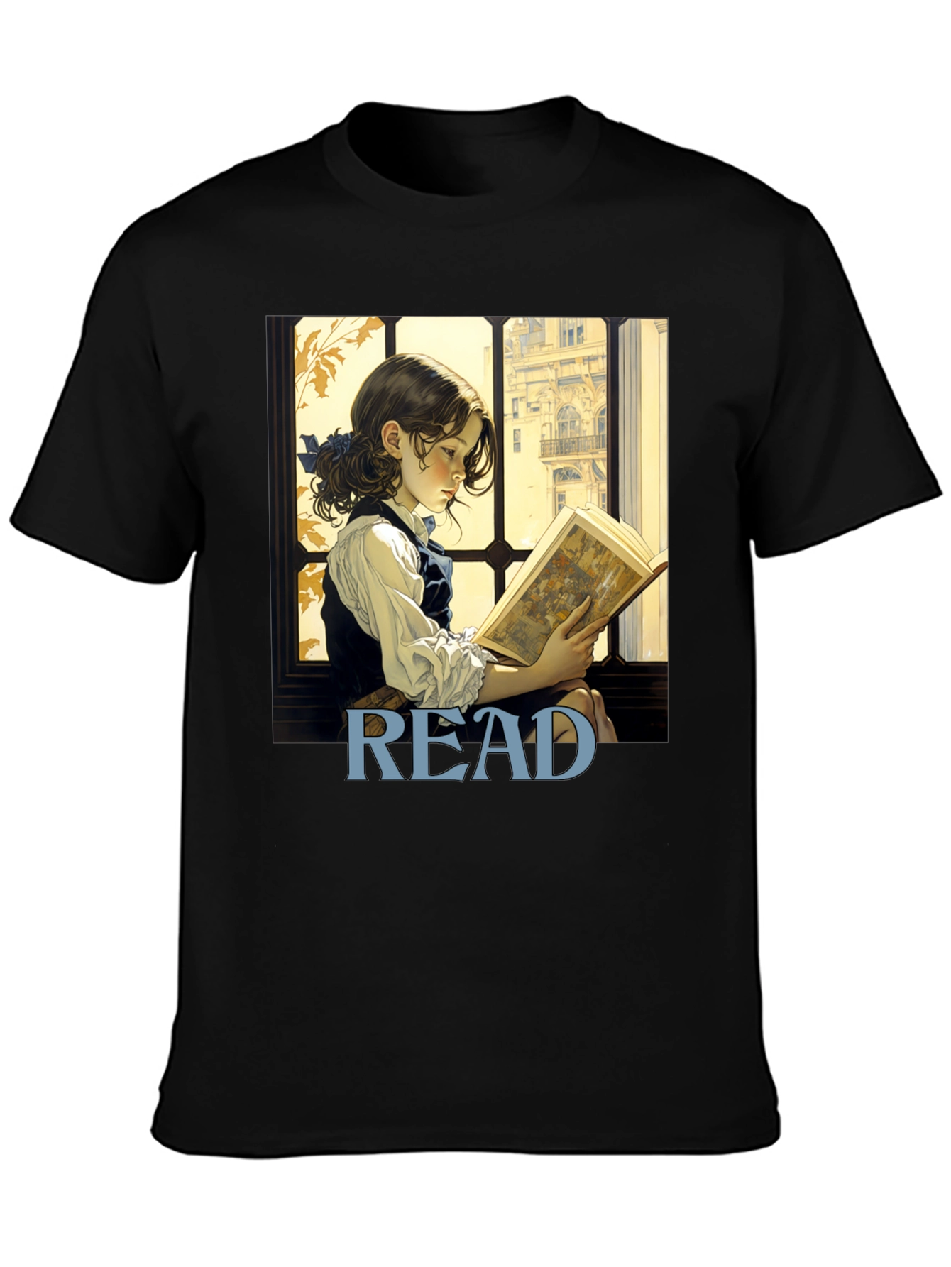 Camiseta Negra Lee con Diseño de Niña Lectora
