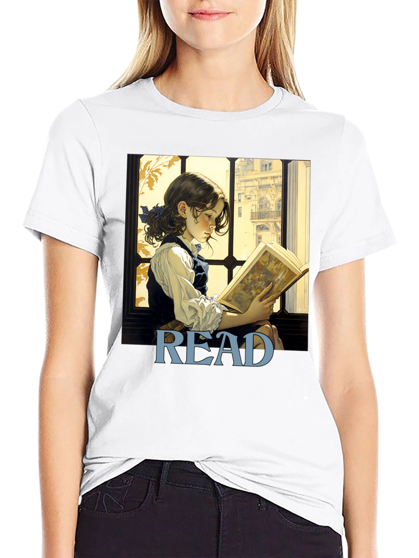 Camiseta Negra Lee con Diseño de Niña Lectora