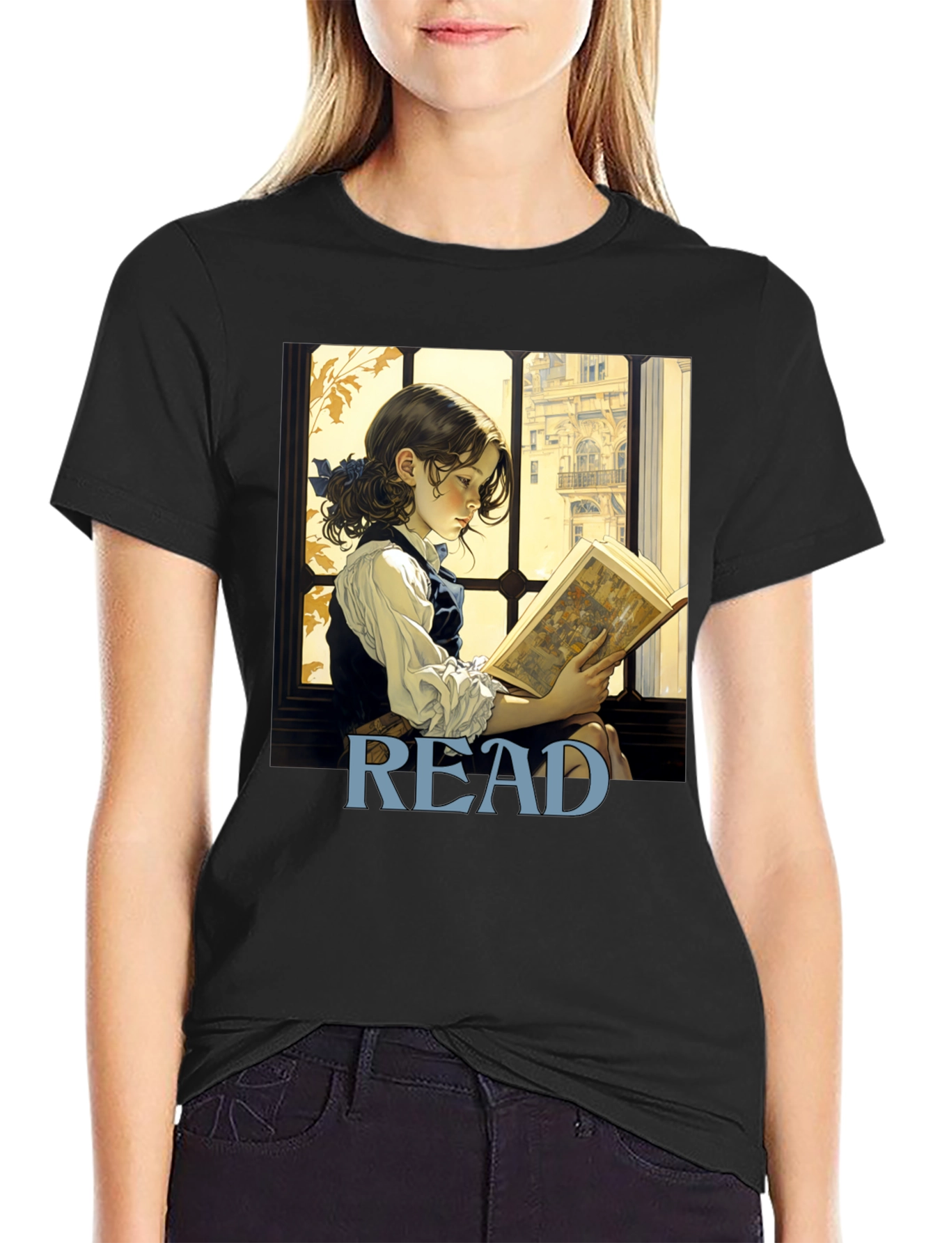 Camiseta Negra Lee con Diseño de Niña Lectora