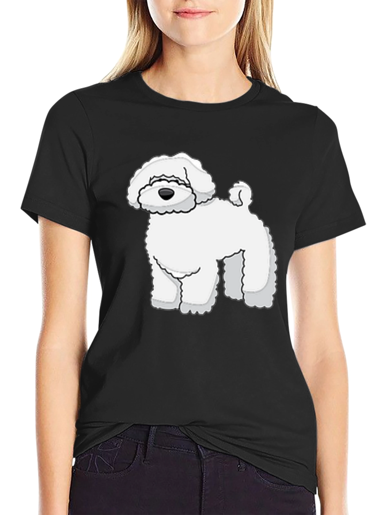 Camiseta Negra con Diseño de Perro Blanco