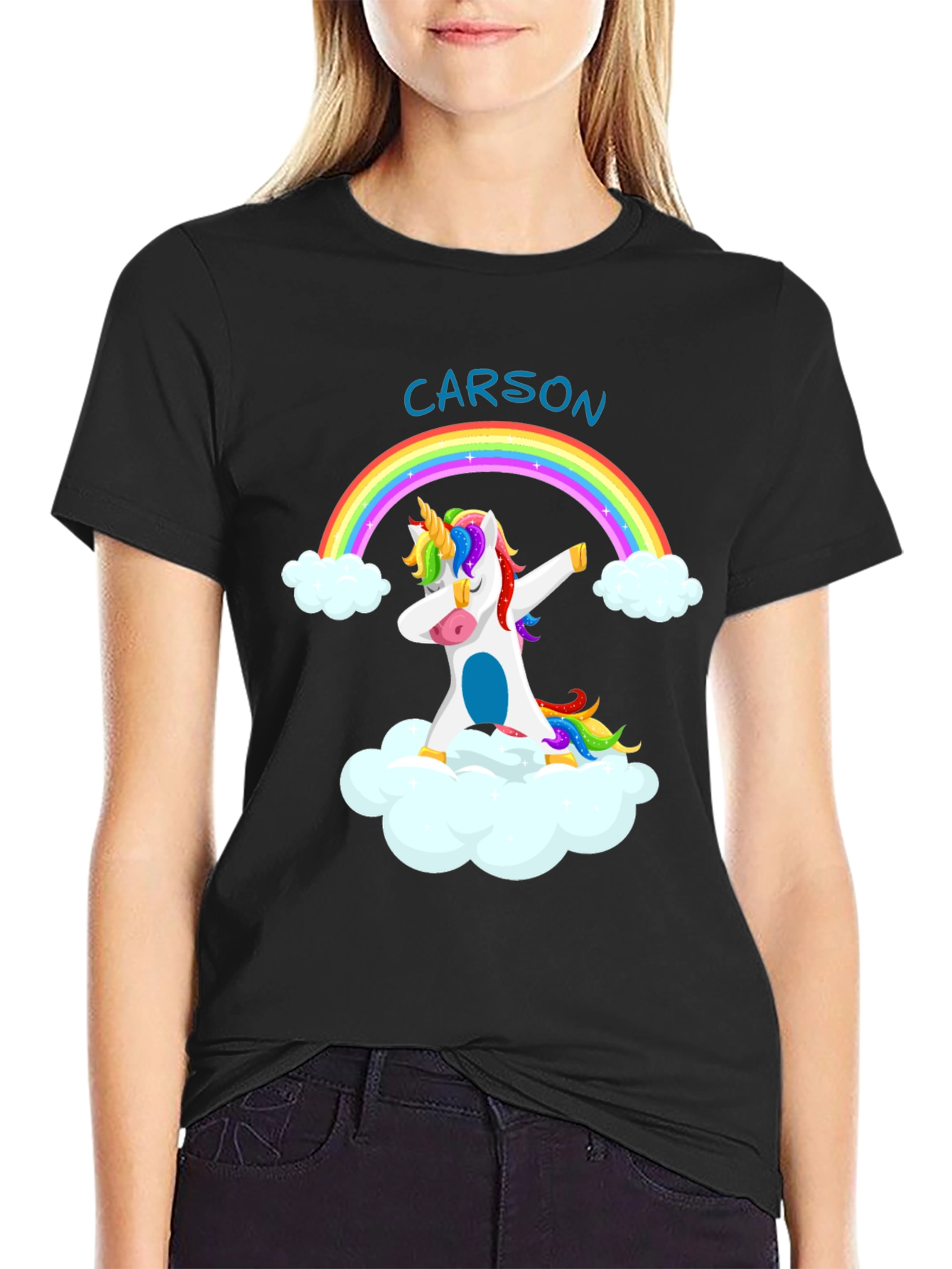 Camiseta Negra Unicornio Arcoíris Personalizada