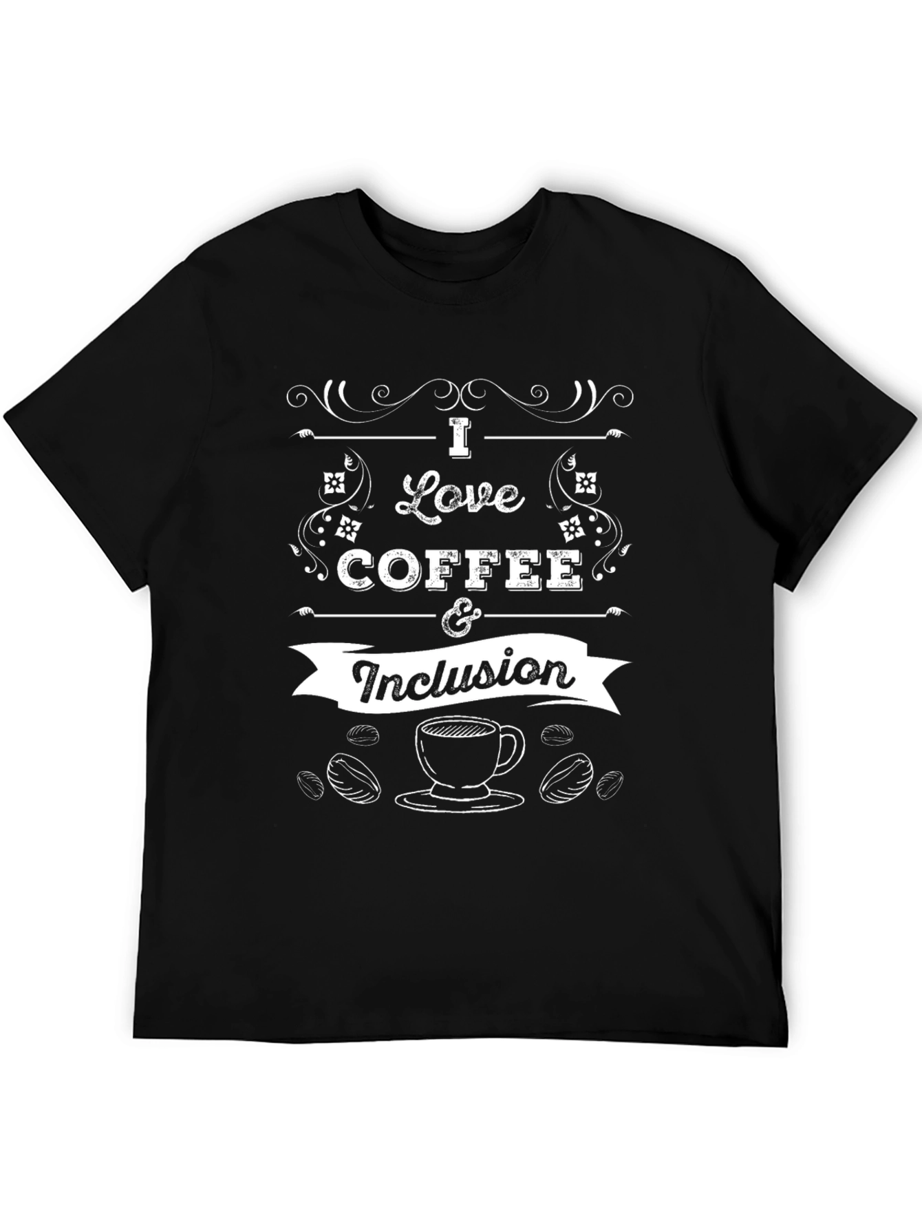Camiseta Negra con Diseño de Café e Inclusión