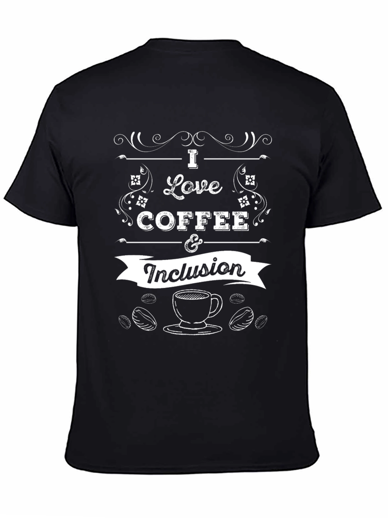 Camiseta Negra con Diseño de Café e Inclusión