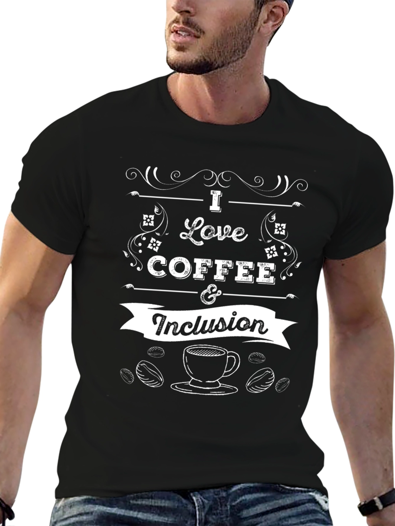 Camiseta Negra con Diseño de Café e Inclusión