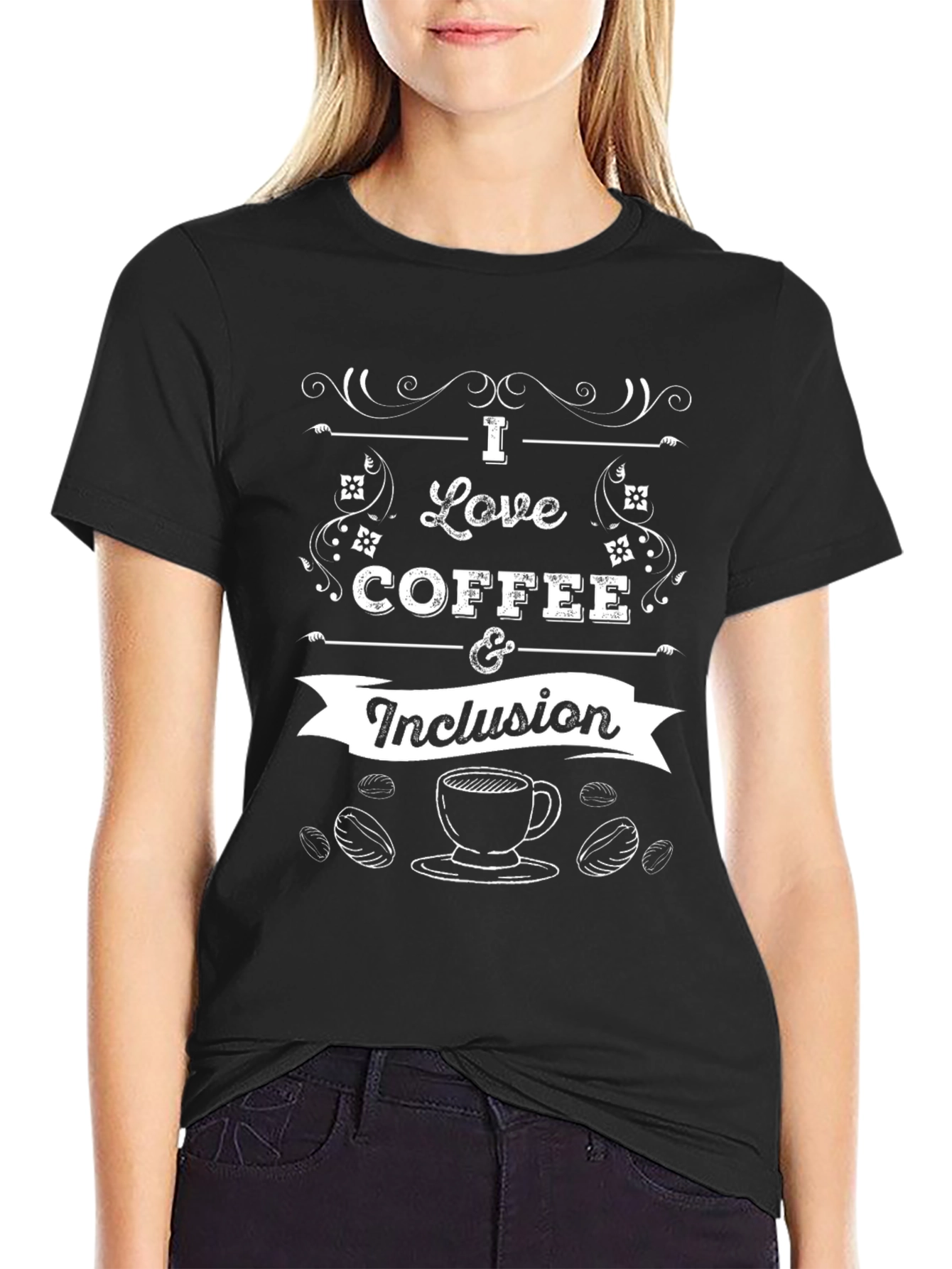 Camiseta Negra con Diseño de Café e Inclusión