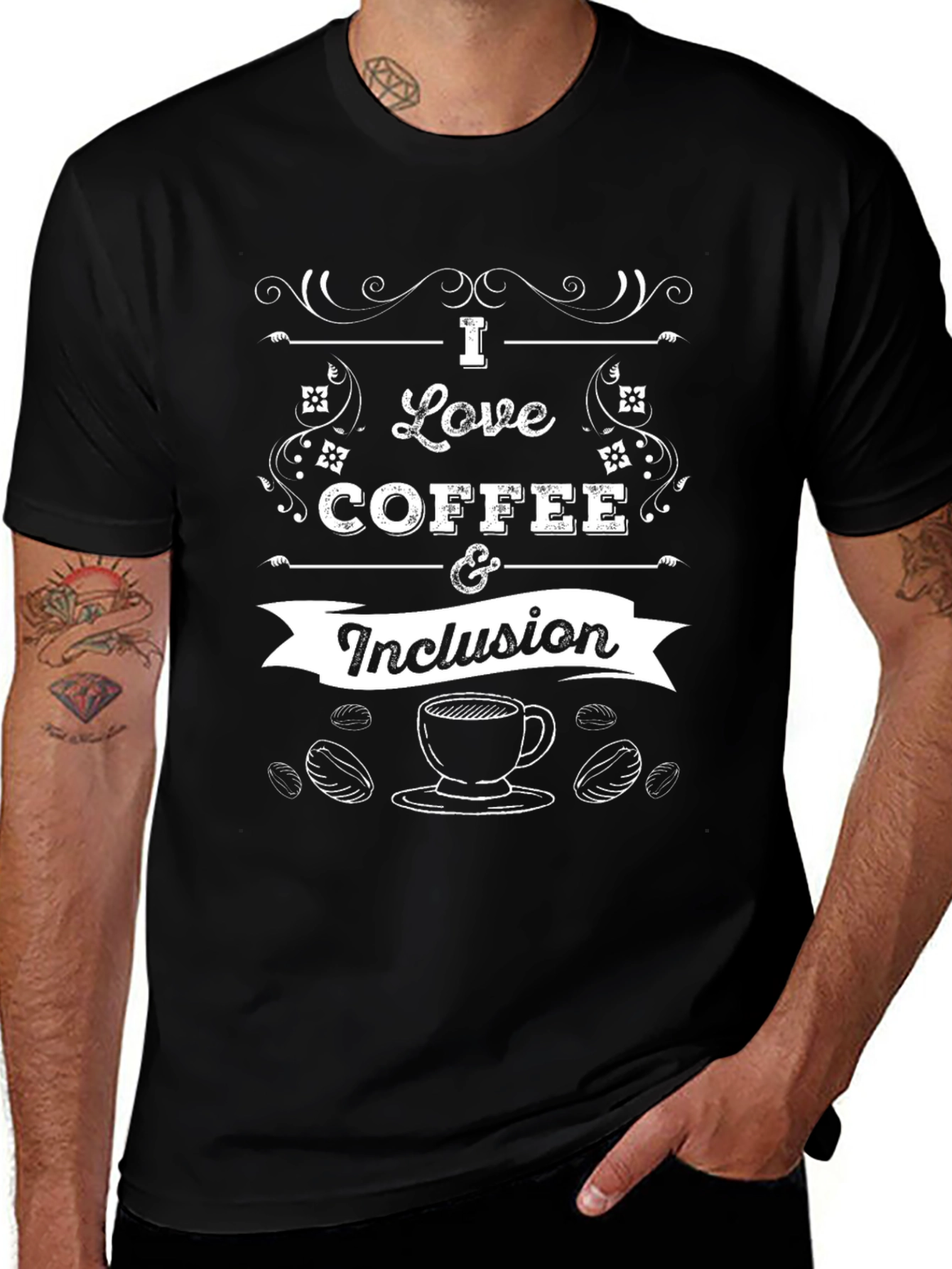 Camiseta Negra con Diseño de Café e Inclusión