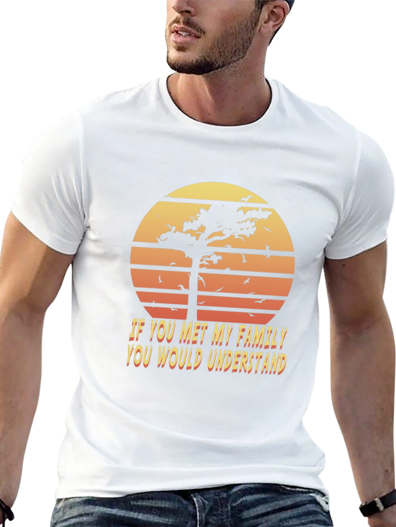 Camiseta Negra: Árbol al Atardecer y Frase Familiar