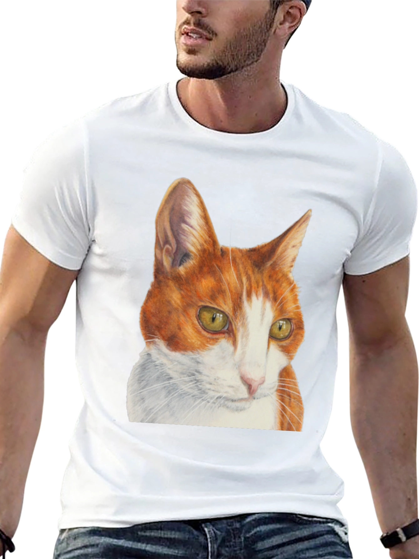 Camiseta Hombre con Diseño de Gato Naranja