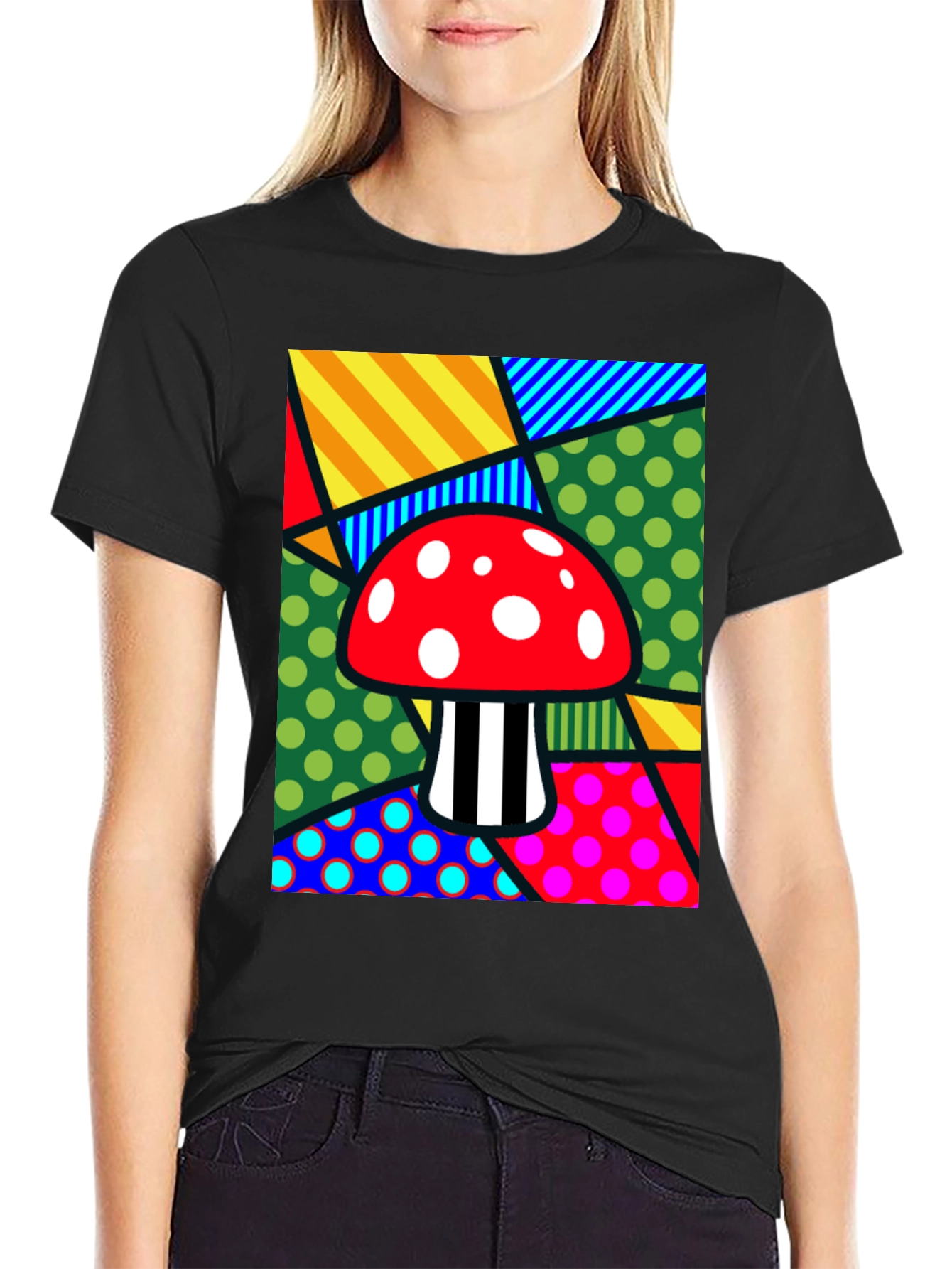 Camiseta Negra con Diseño de Hongo Psicodélico