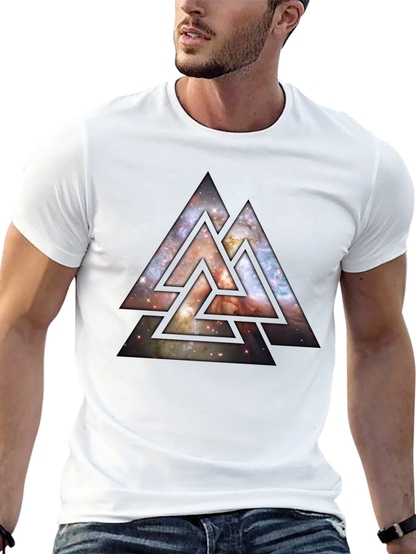 Camiseta Hombre Negra Diseño Triángulos Cósmicos