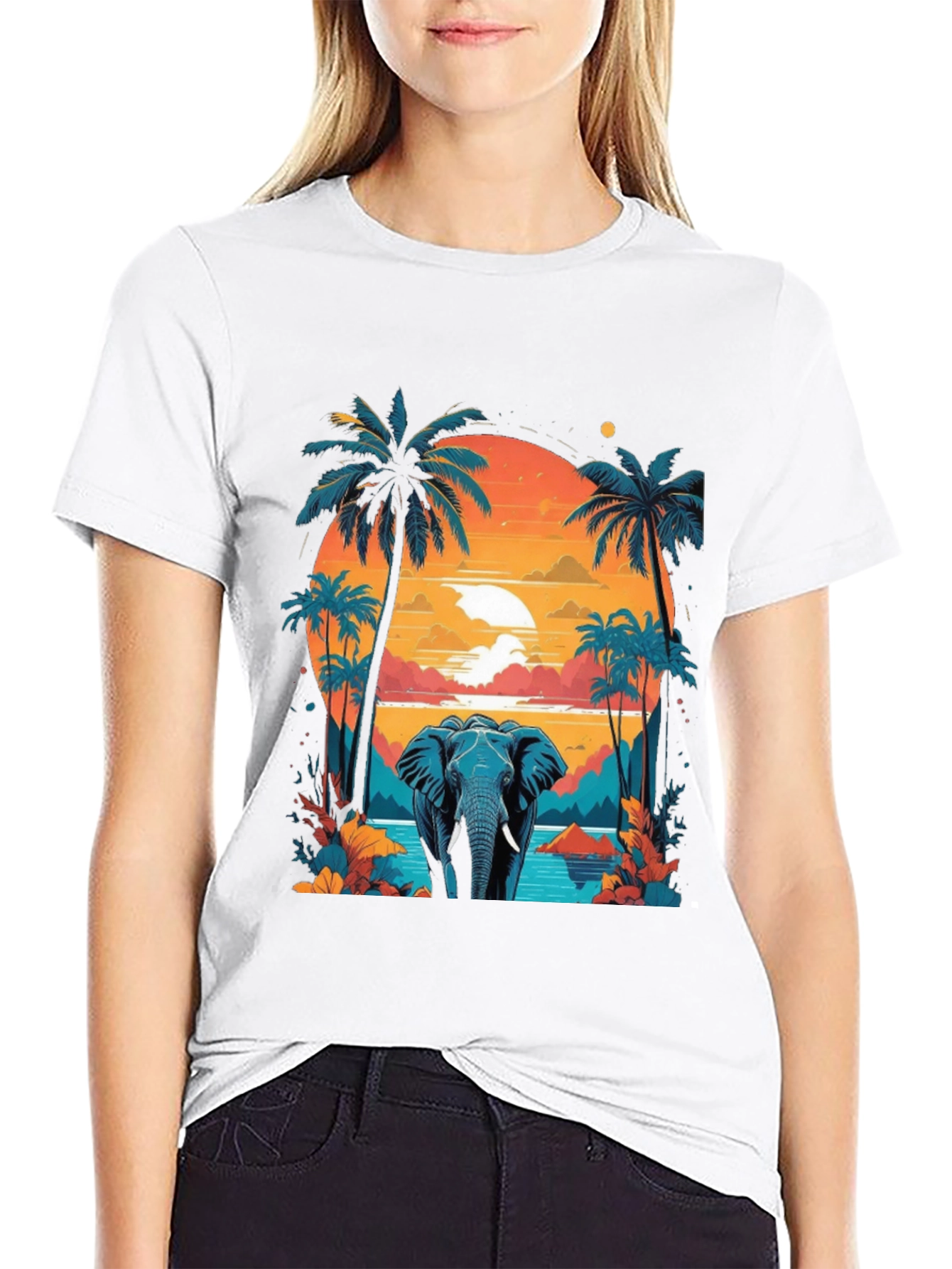 Camiseta Negra con Diseño de Elefante Tropical