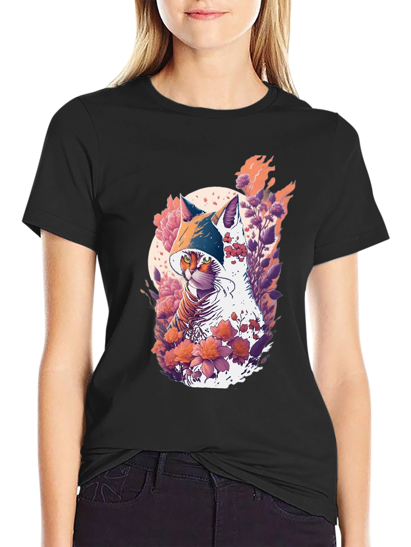 Camiseta Negra con Diseño de Gato Floral