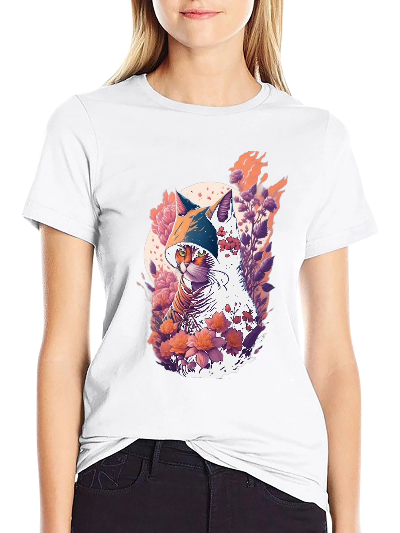 Camiseta Negra con Diseño de Gato Floral