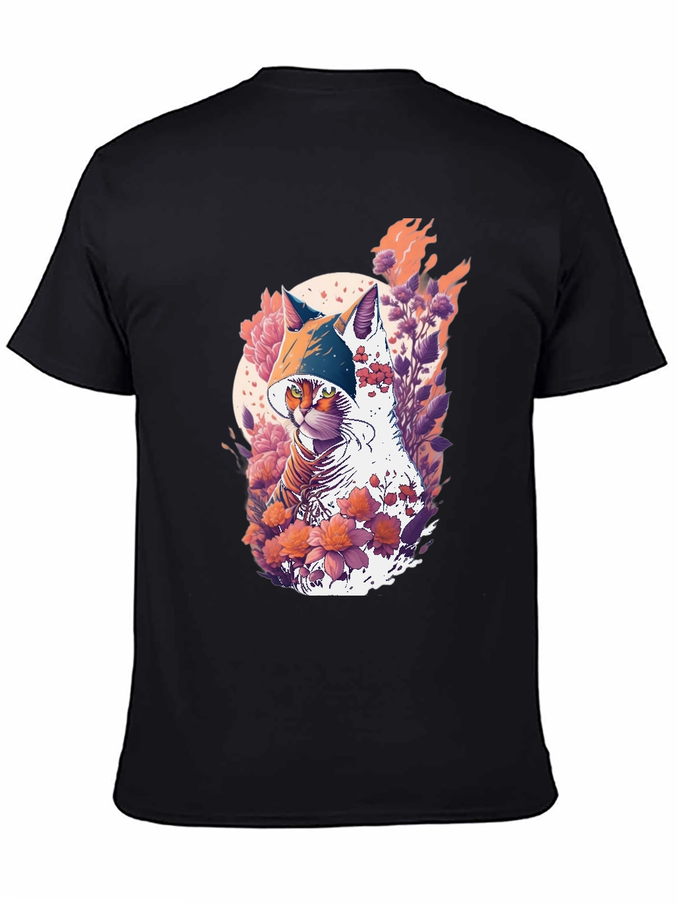 Camiseta Negra con Diseño de Gato Floral