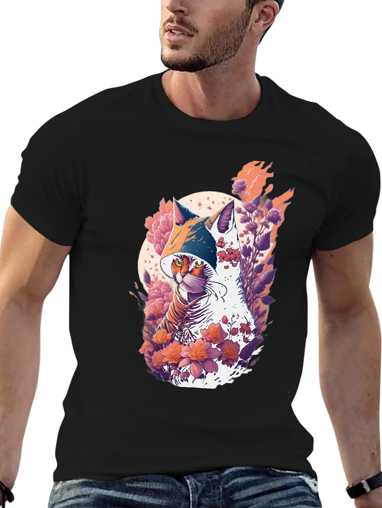 Camiseta Negra con Diseño de Gato Floral