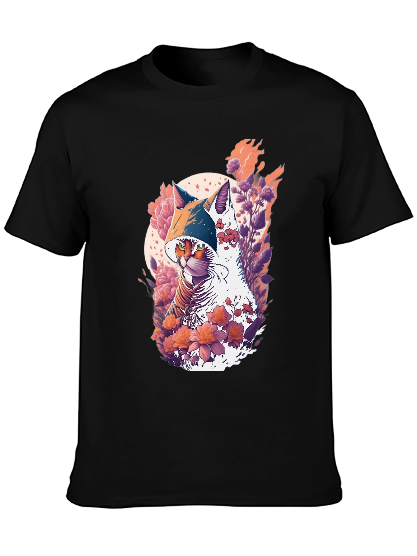 Camiseta Negra con Diseño de Gato Floral