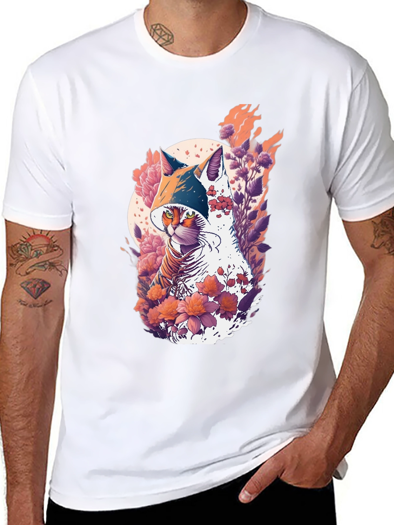 Camiseta Negra con Diseño de Gato Floral