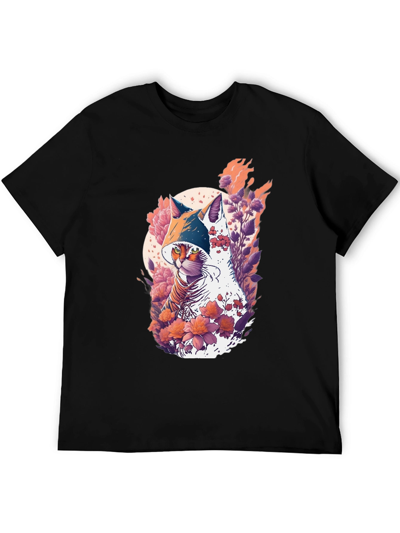 Camiseta Negra con Diseño de Gato Floral