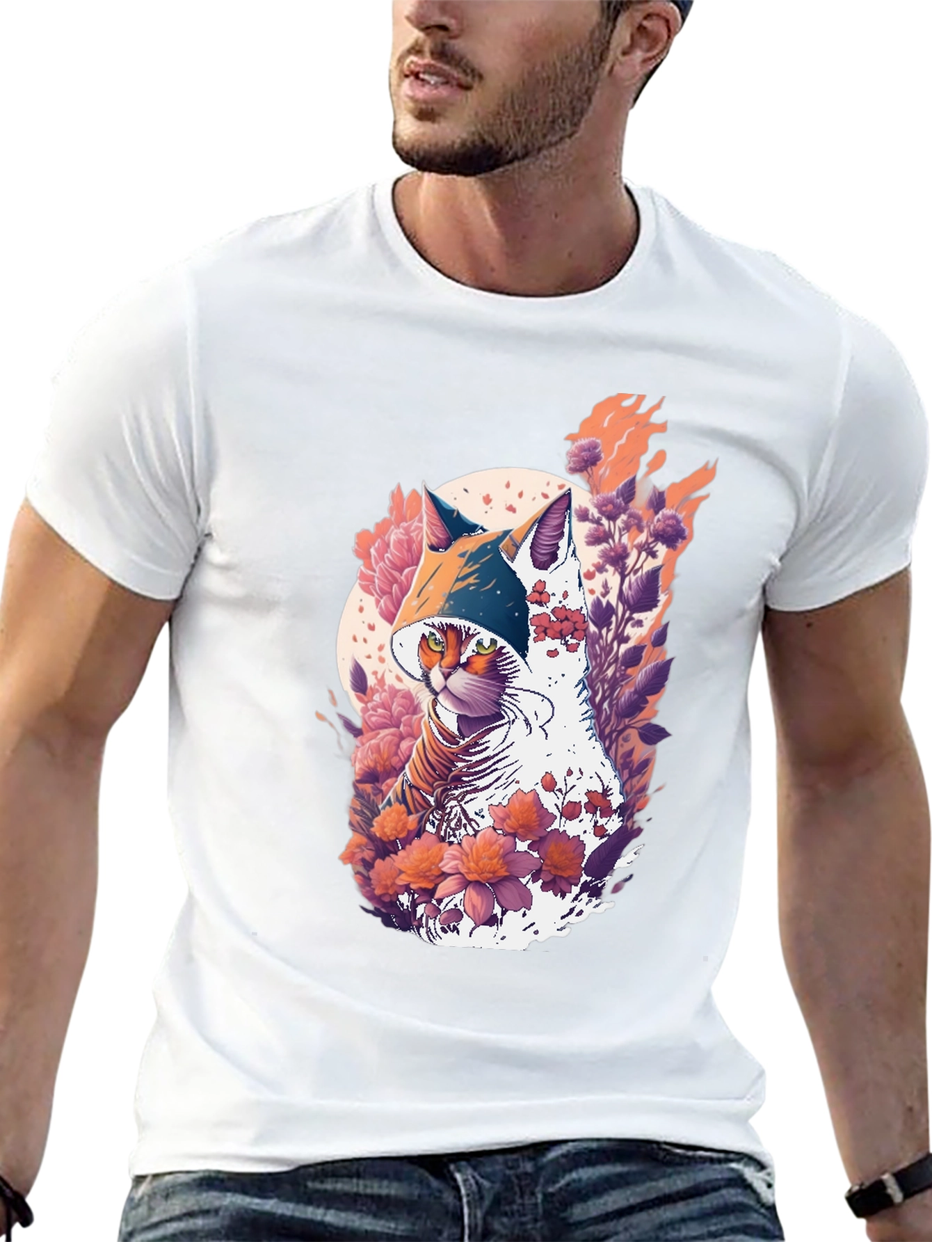 Camiseta Negra con Diseño de Gato Floral