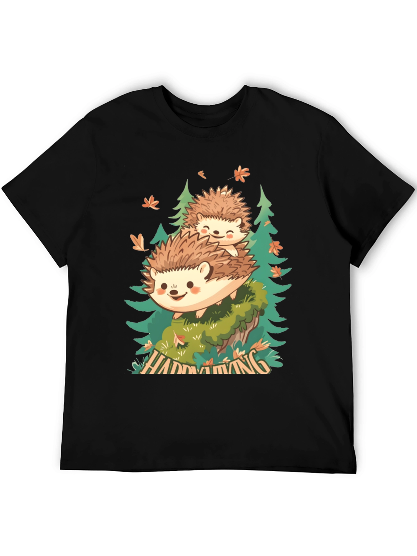 Camiseta Negra con Diseño de Erizo en el Bosque