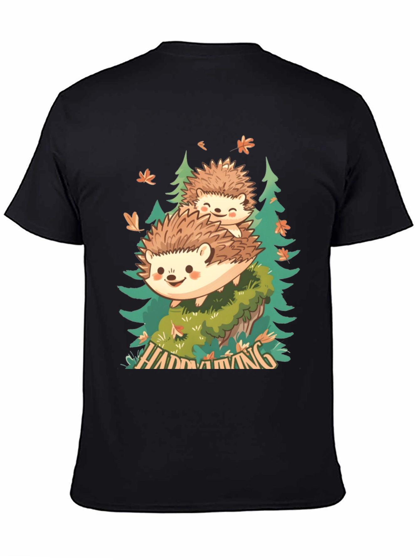 Camiseta Negra con Diseño de Erizo en el Bosque