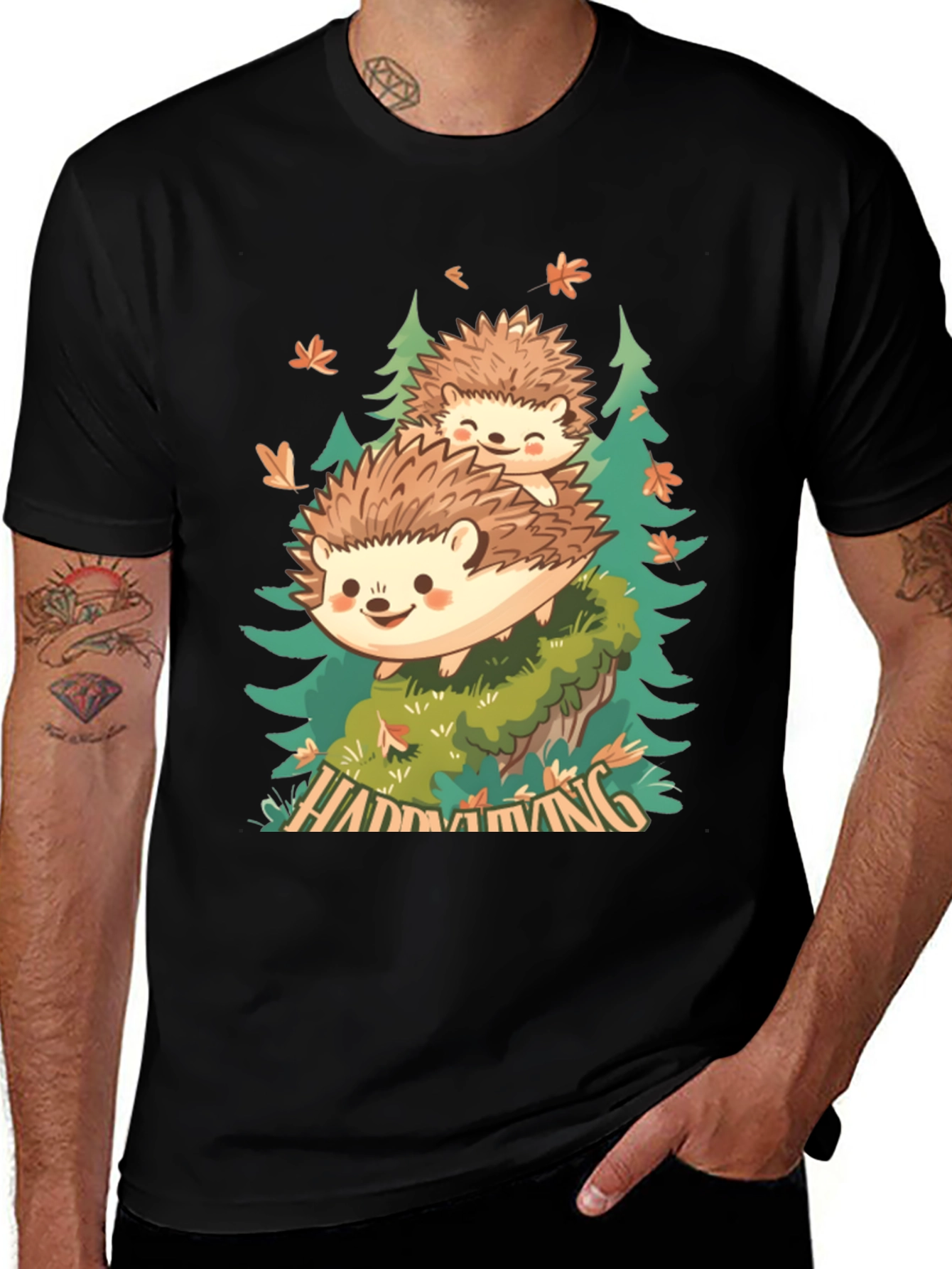 Camiseta Negra con Diseño de Erizo en el Bosque