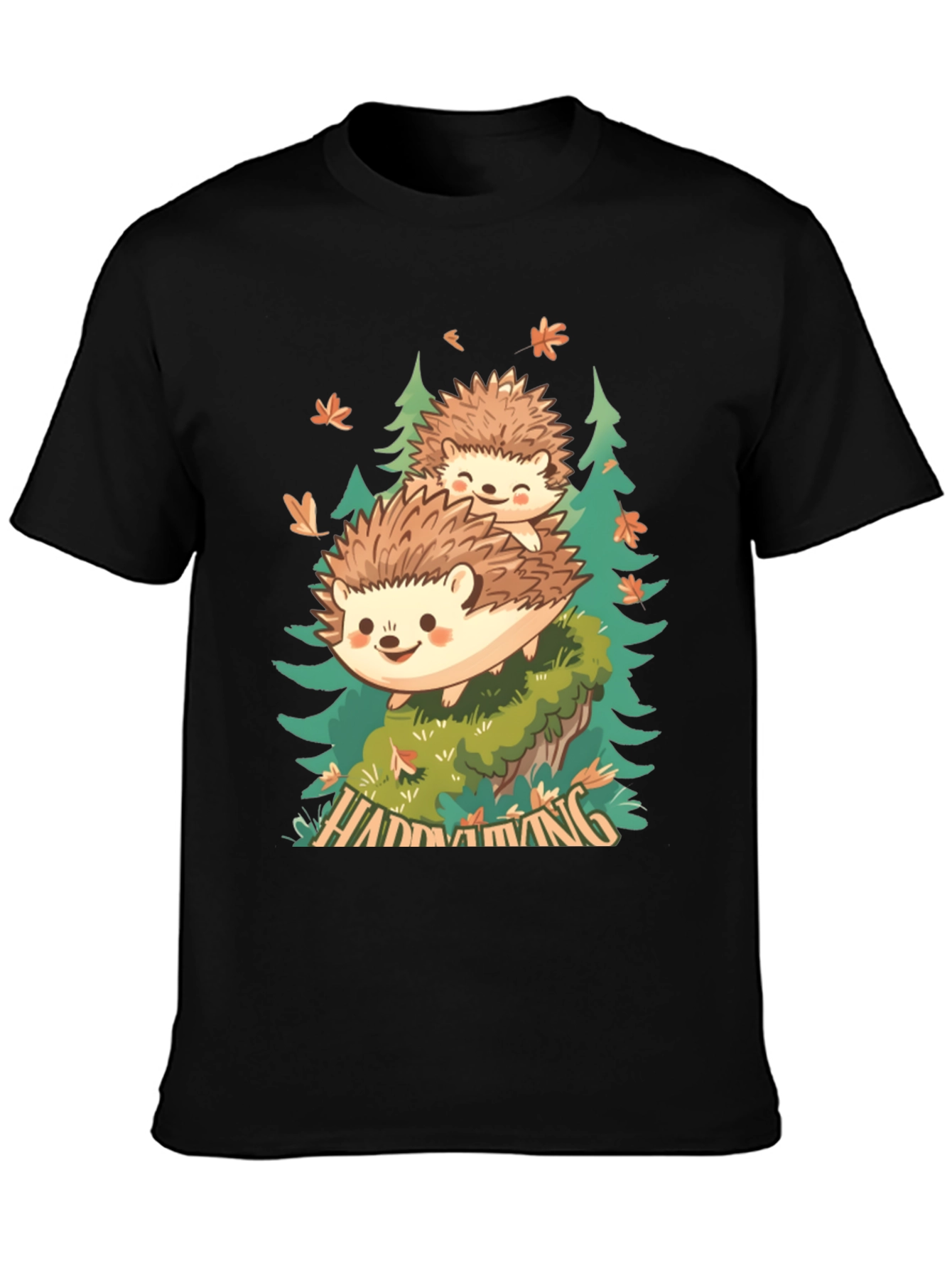 Camiseta Negra con Diseño de Erizo en el Bosque