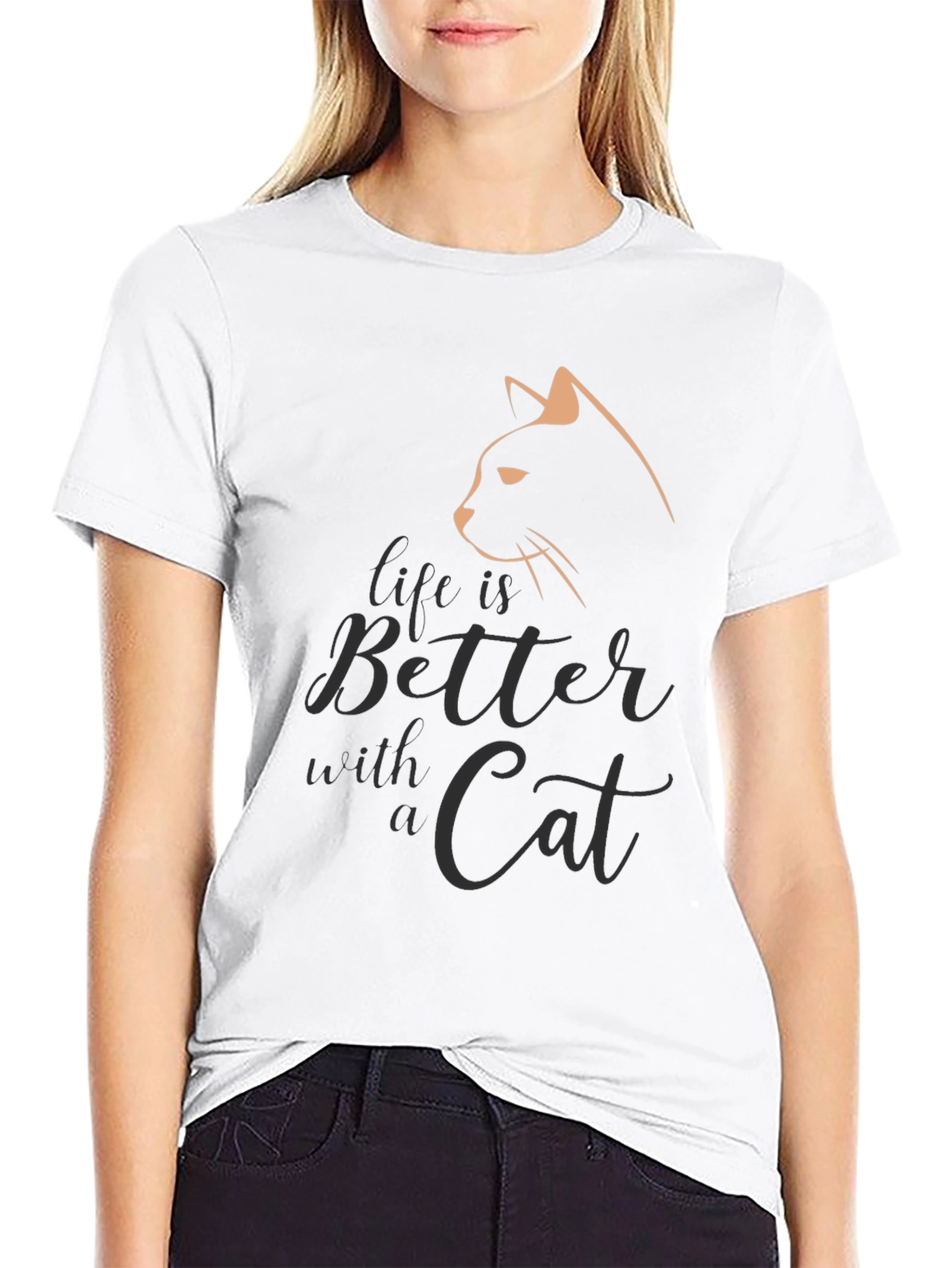 Camiseta Negra con Diseño de Gato Life is Better