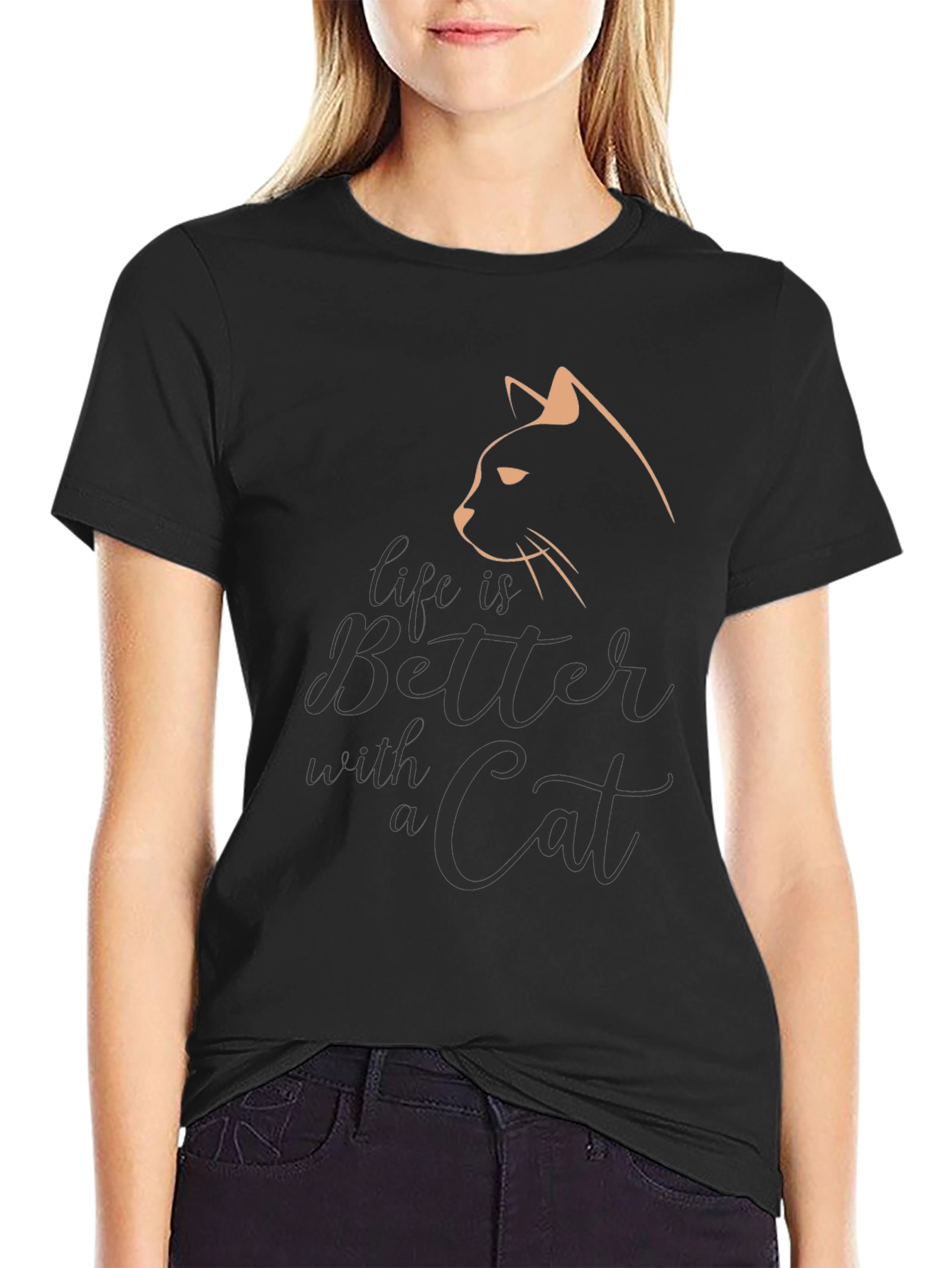 Camiseta Negra con Diseño de Gato Life is Better