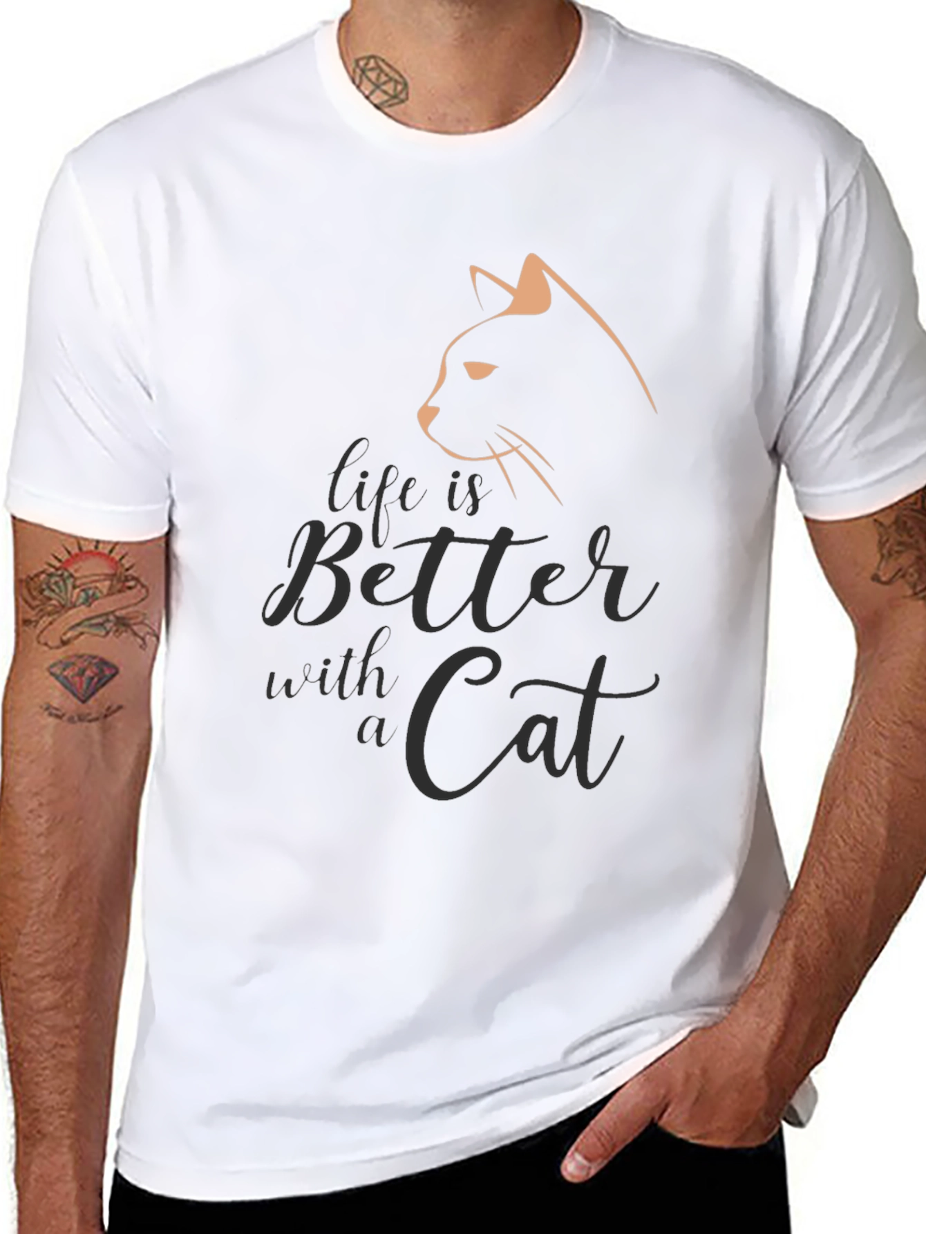 Camiseta Negra con Diseño de Gato Life is Better