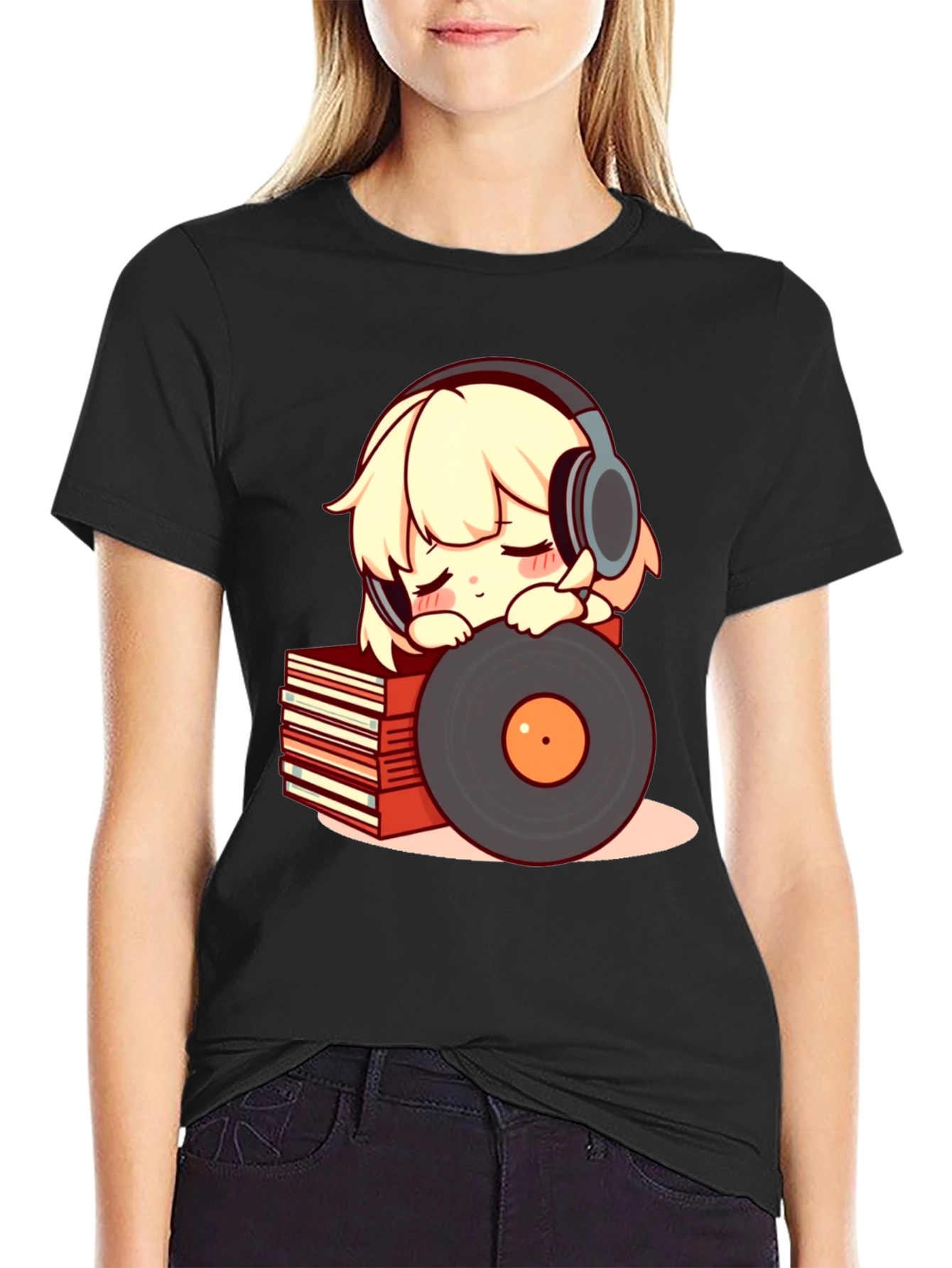 Camiseta Negra con Diseño de Anime Musical