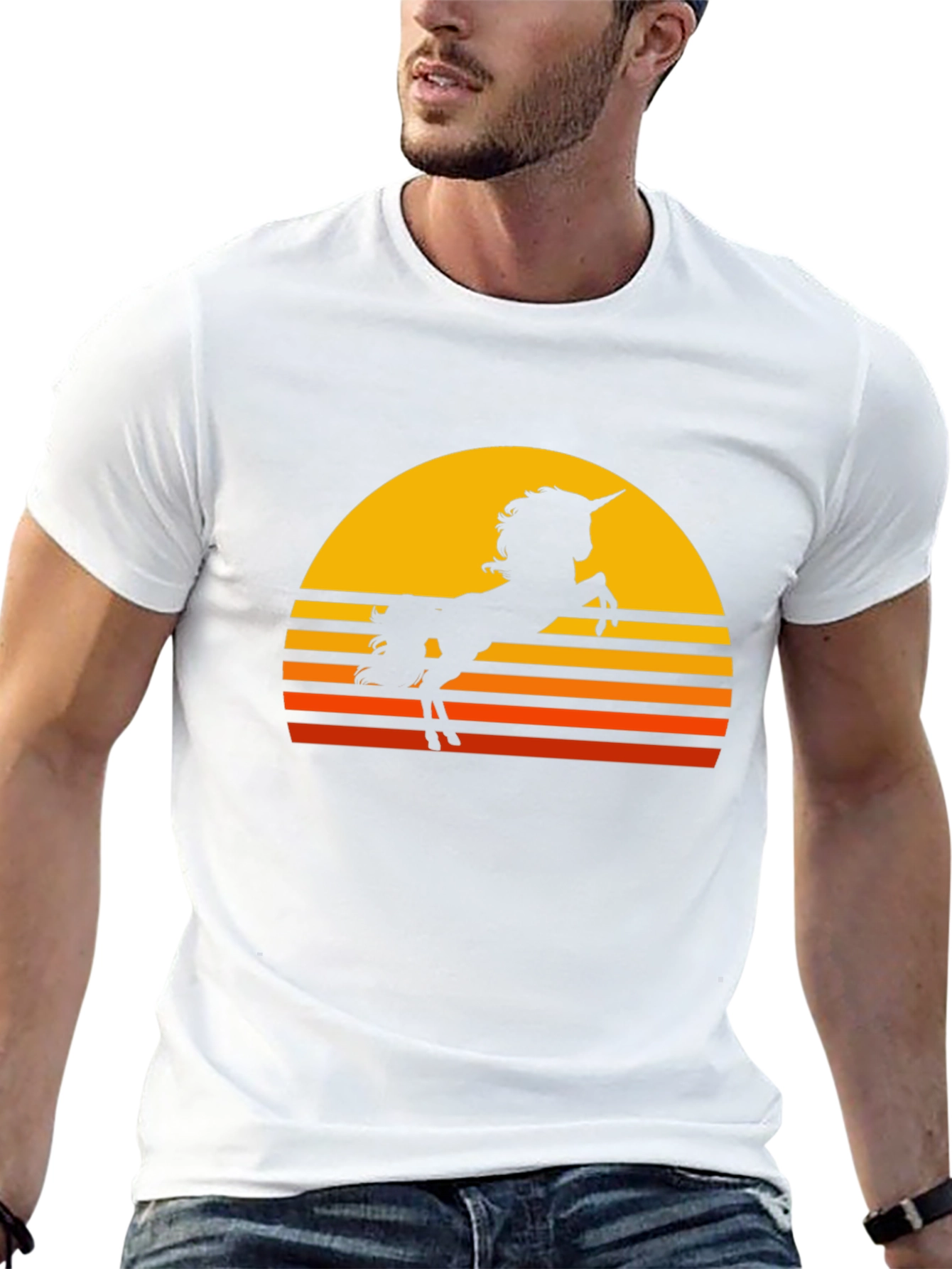 Camiseta Negra Unicornio Atardecer Retro