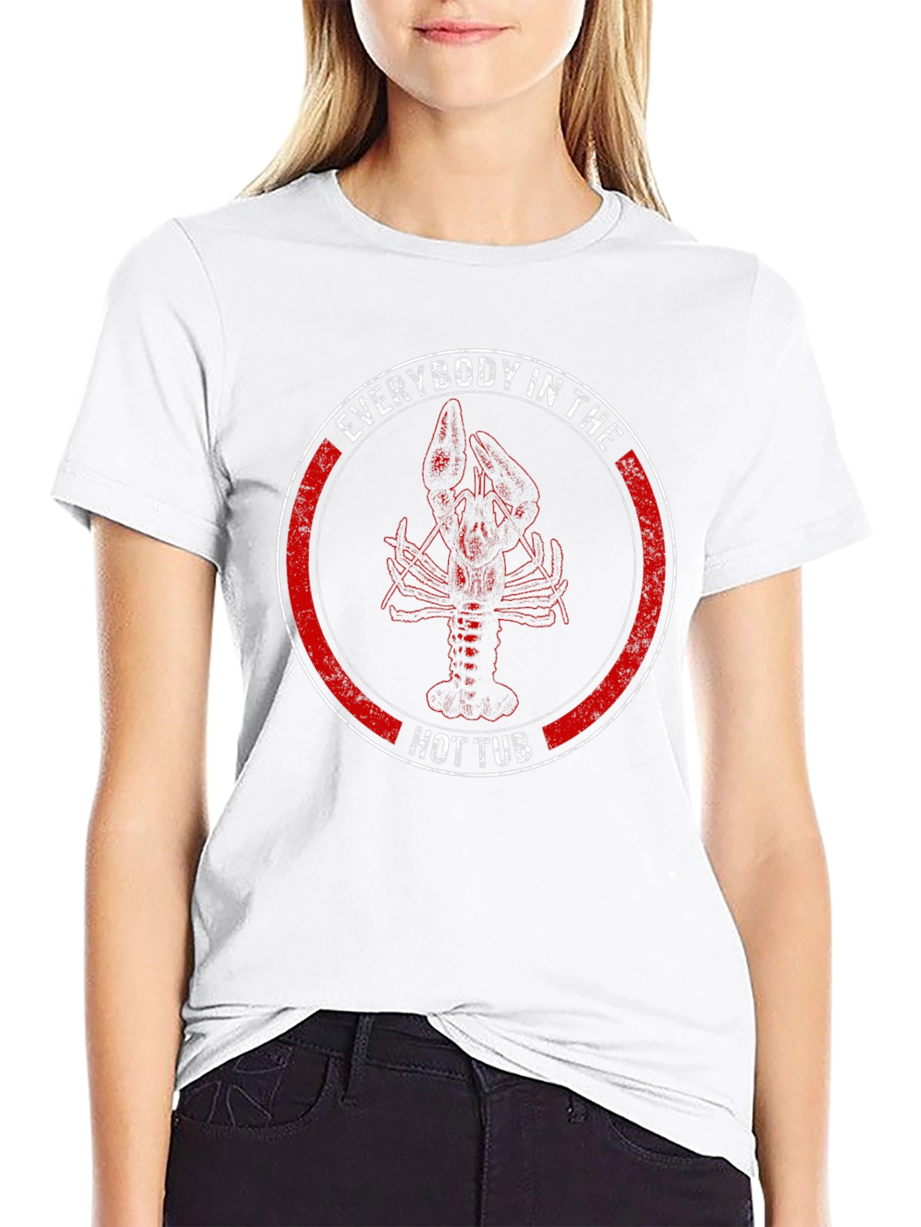 Camiseta Negra con Diseño de Langosta en Círculo Rojo