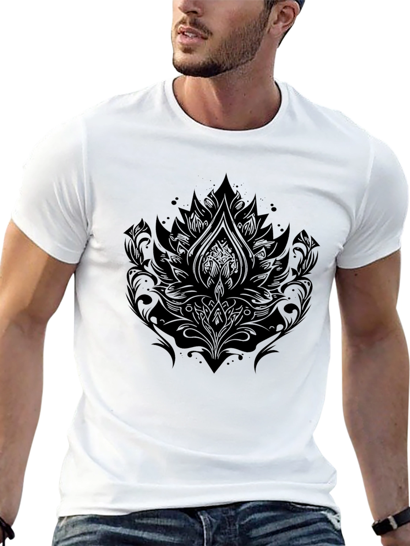 Camiseta Negra Hombre con Diseño Floral