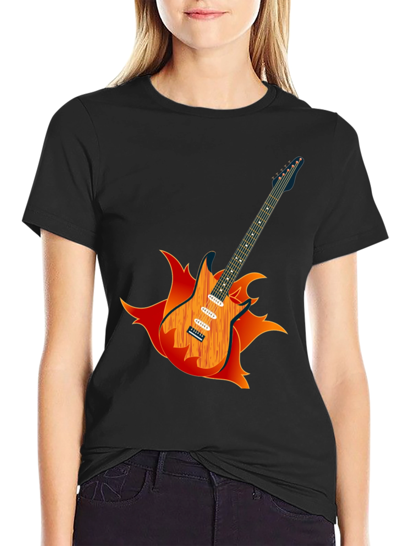Camiseta Negra con Diseño de Guitarra en Llamas