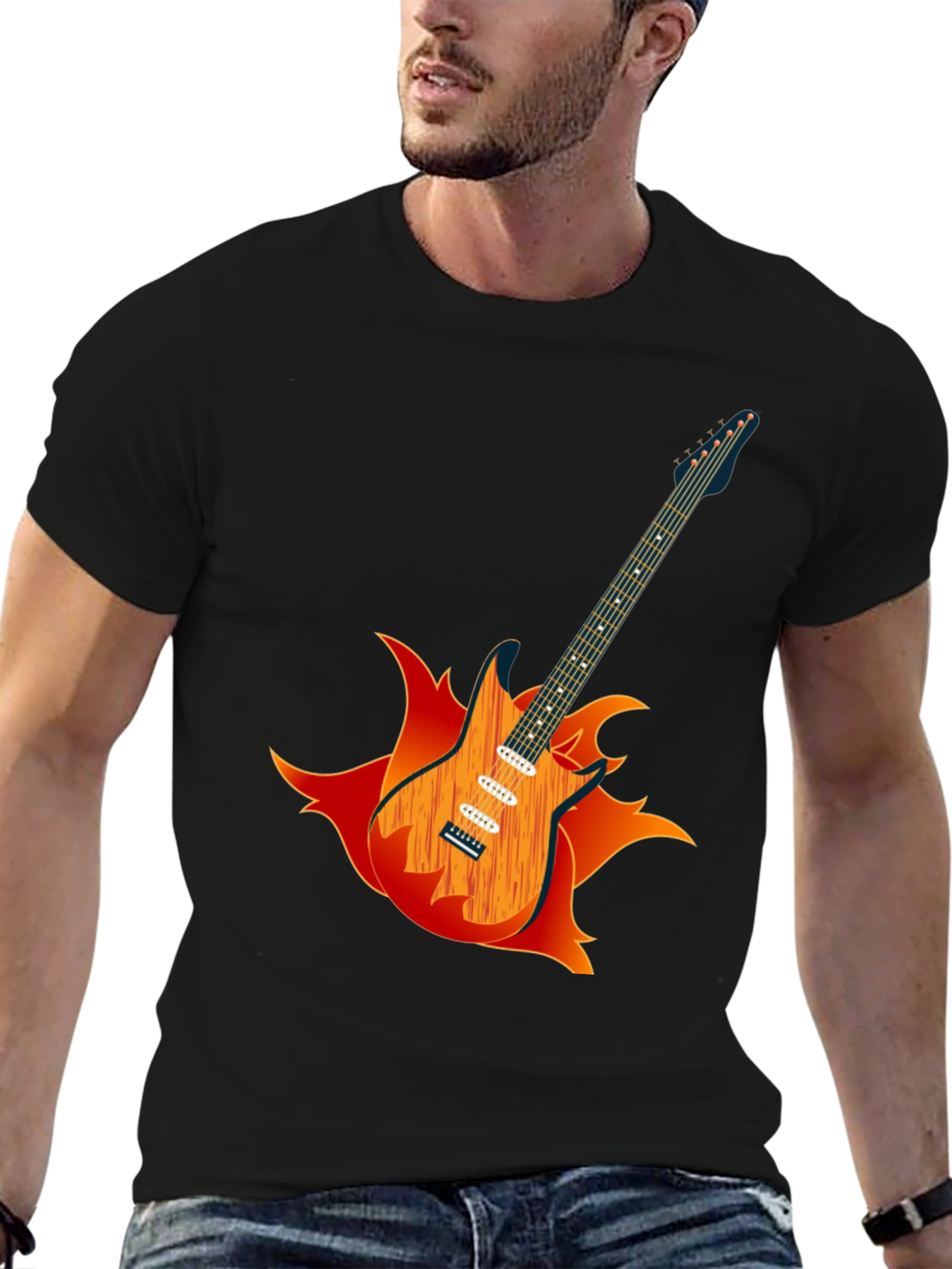 Camiseta Negra con Diseño de Guitarra en Llamas