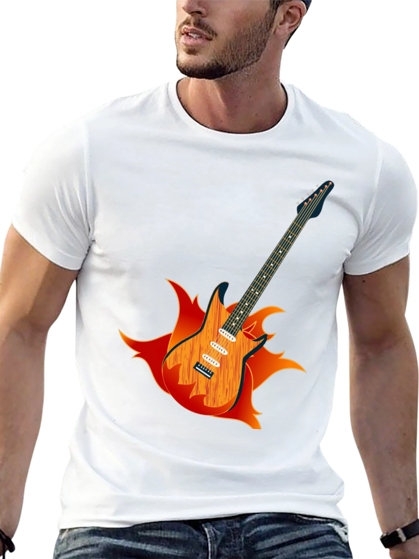 Camiseta Negra con Diseño de Guitarra en Llamas