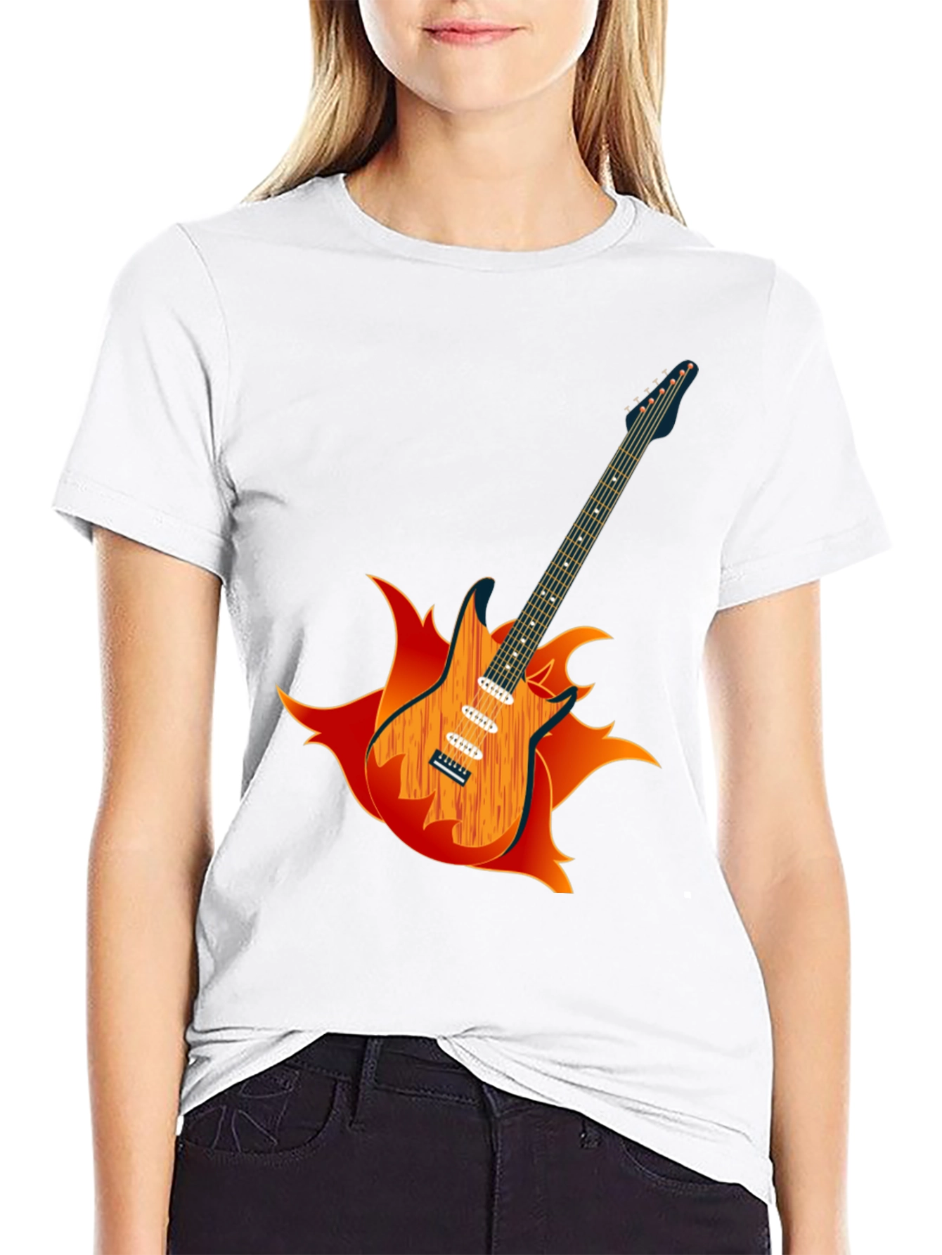 Camiseta Negra con Diseño de Guitarra en Llamas