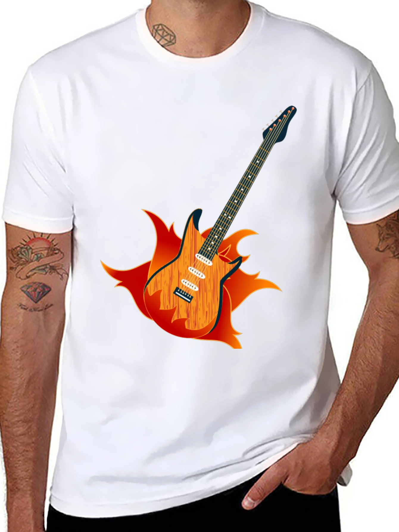 Camiseta Negra con Diseño de Guitarra en Llamas