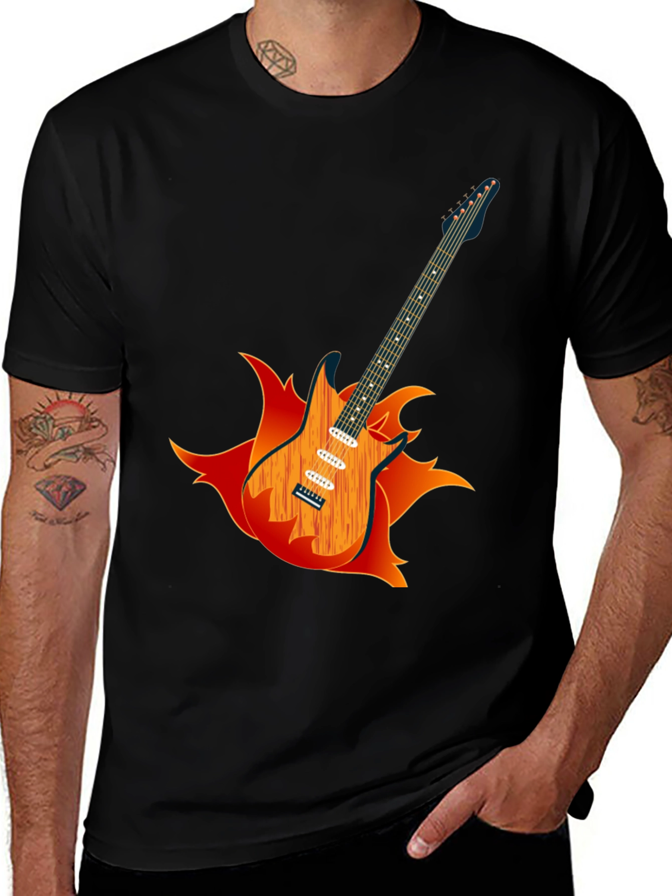 Camiseta Negra con Diseño de Guitarra en Llamas