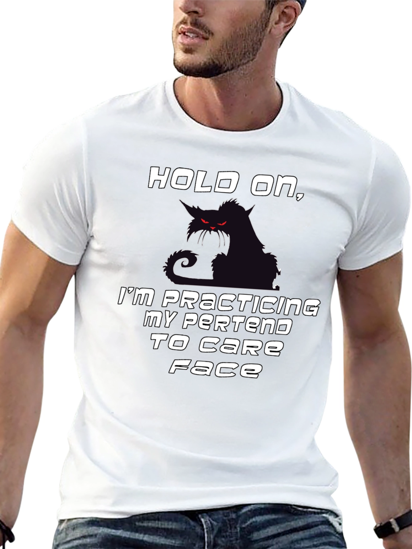 Camiseta Negra Hold On con Gato Sarcástico