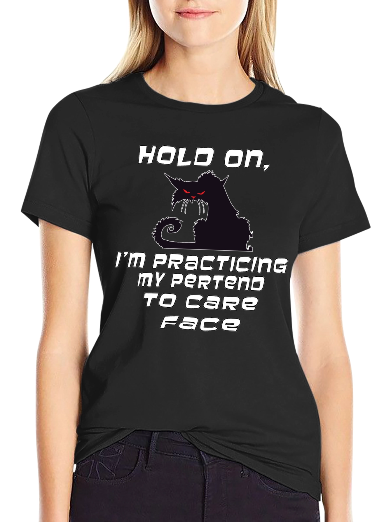 Camiseta Negra Hold On con Gato Sarcástico